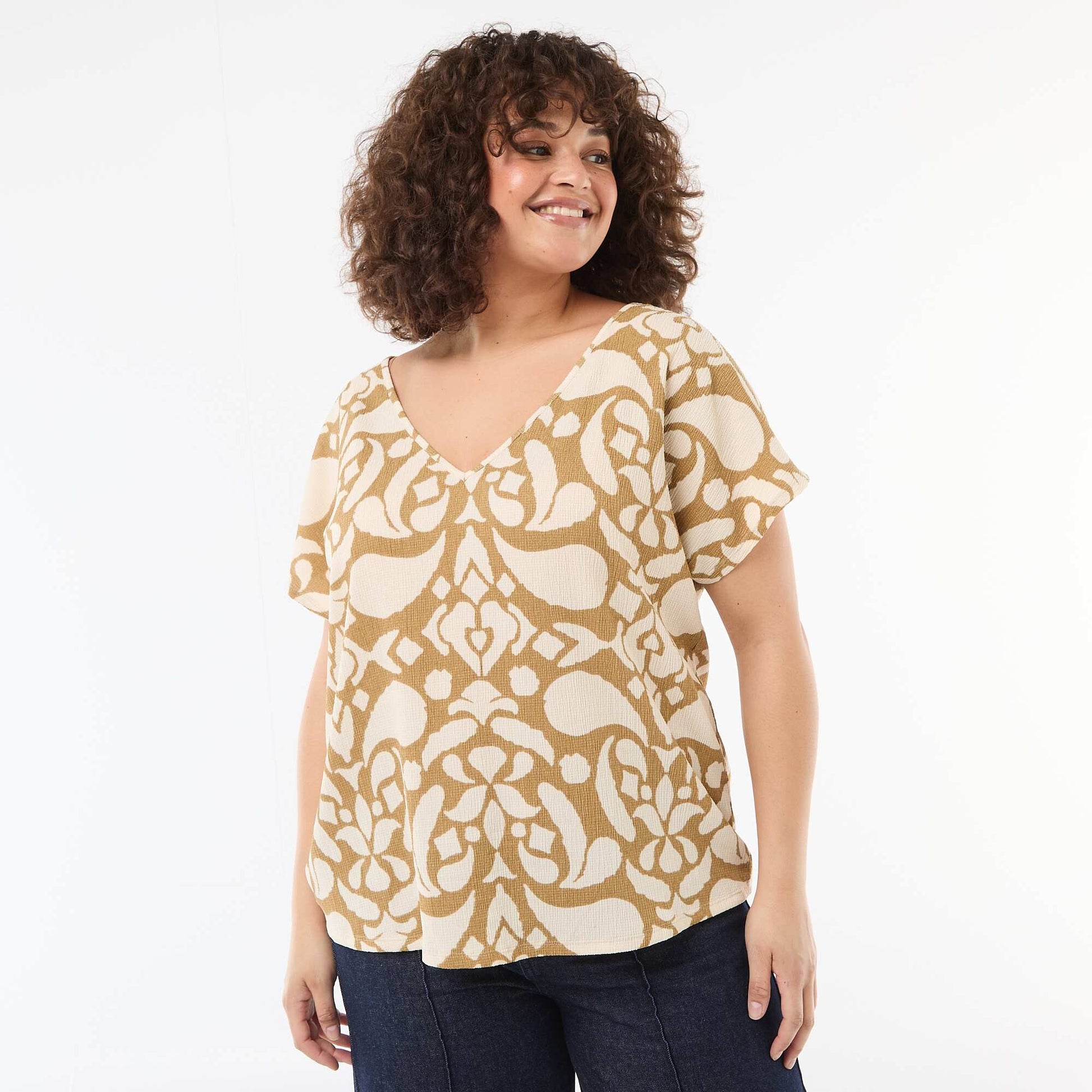 Blouse en matière gaufrée à manches courtes MARRON