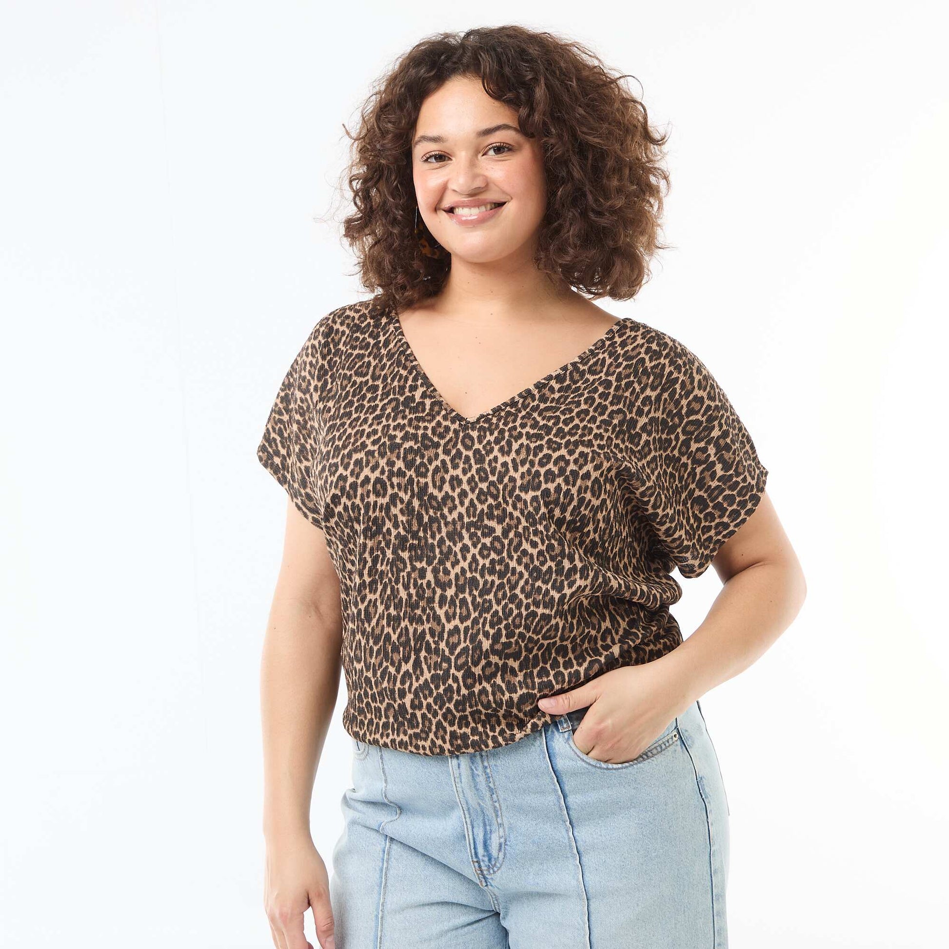Blouse en matière gaufrée à manches courtes BEIGE