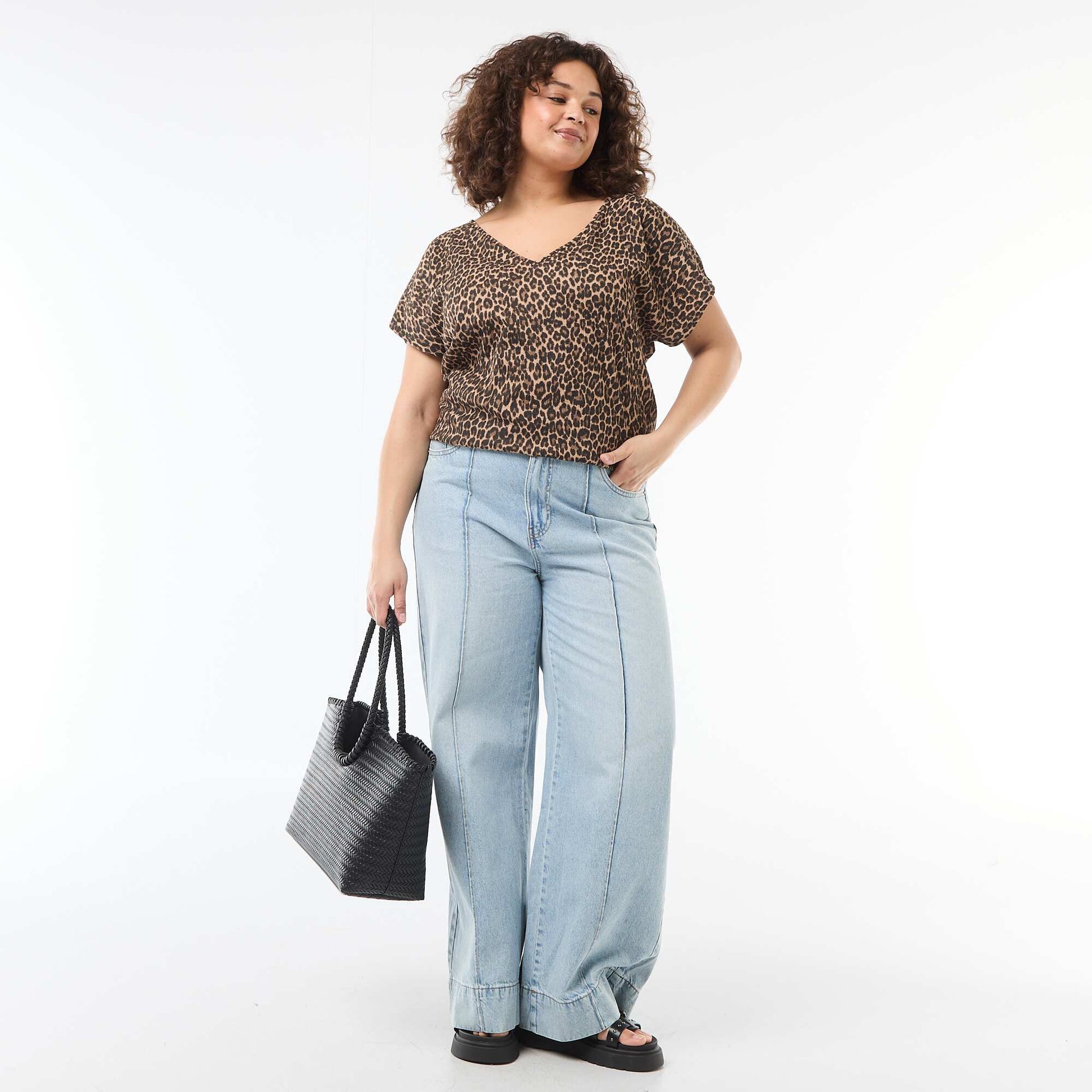 Blouse en matière gaufrée à manches courtes BEIGE