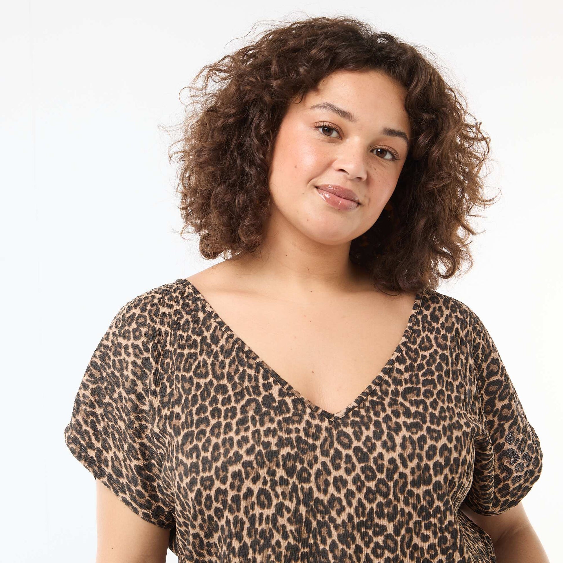 Blouse en matière gaufrée à manches courtes BEIGE