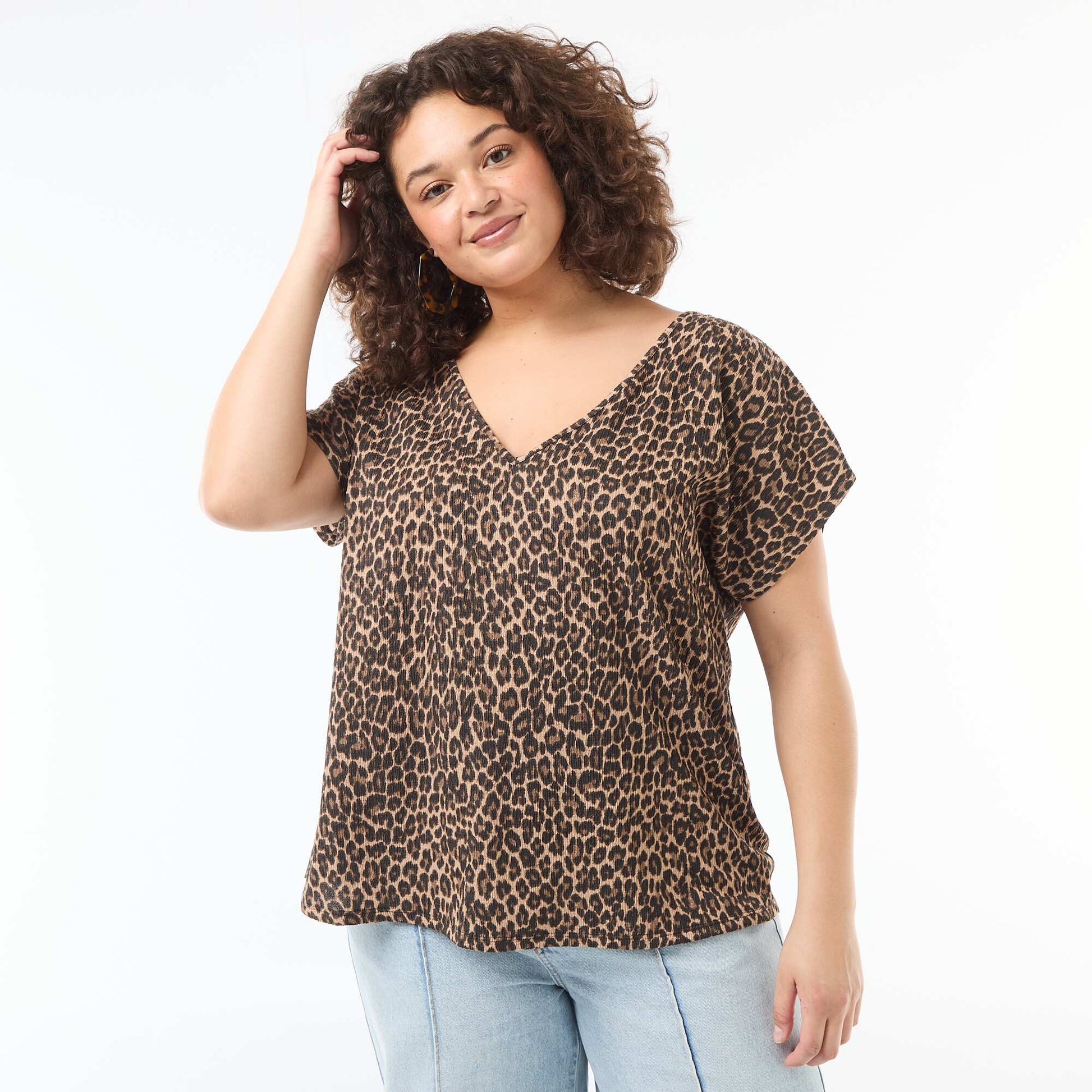 Blouse en matière gaufrée à manches courtes BEIGE