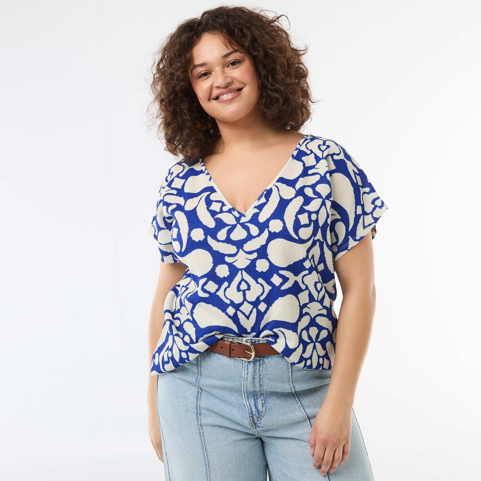 Blouse en matière gaufrée à manches courtes BLEU