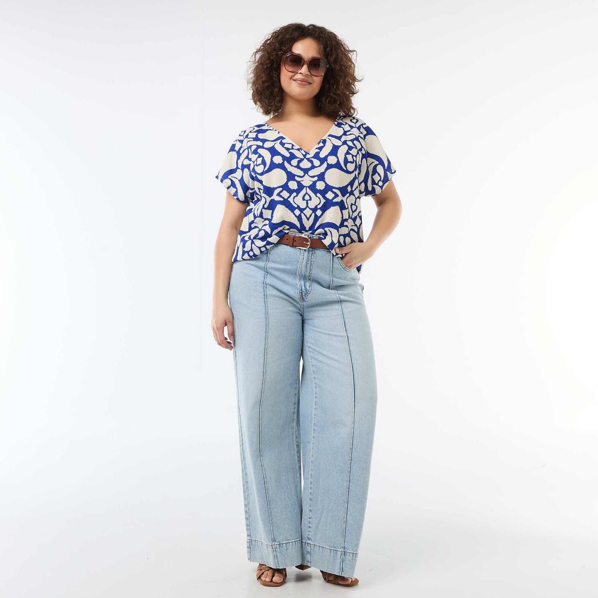 Blouse en matière gaufrée à manches courtes BLEU