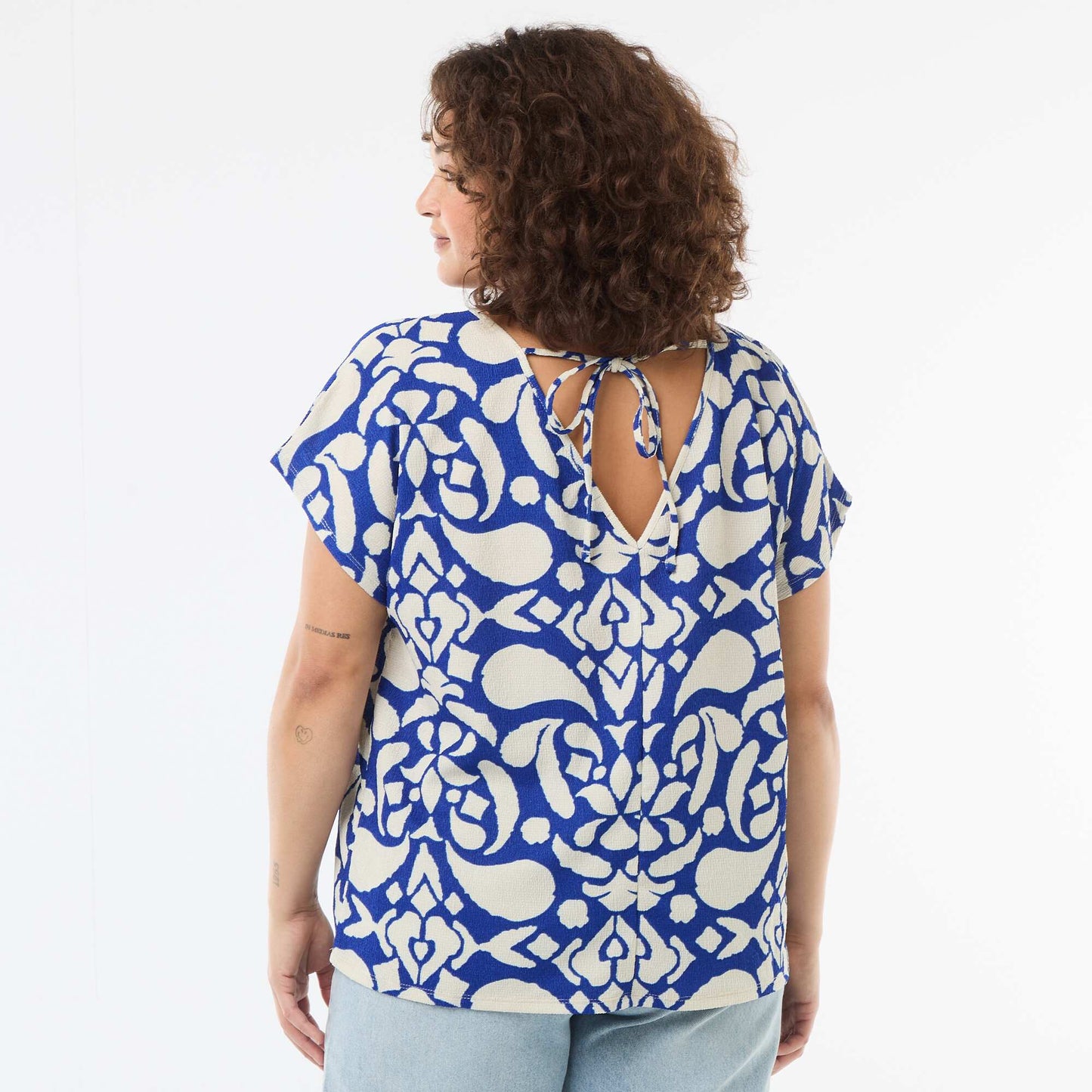 Blouse en matière gaufrée à manches courtes BLEU