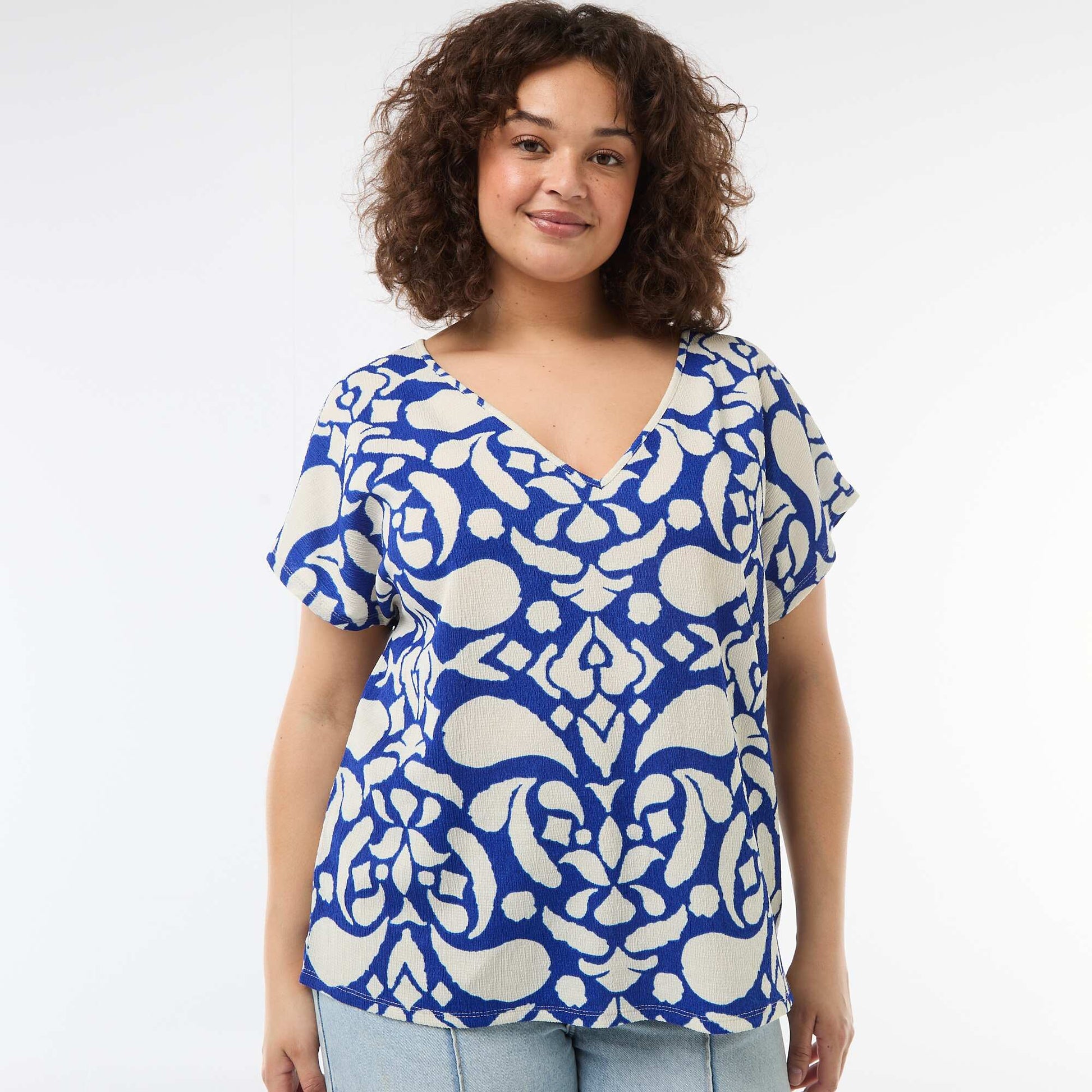 Blouse en matière gaufrée à manches courtes BLEU