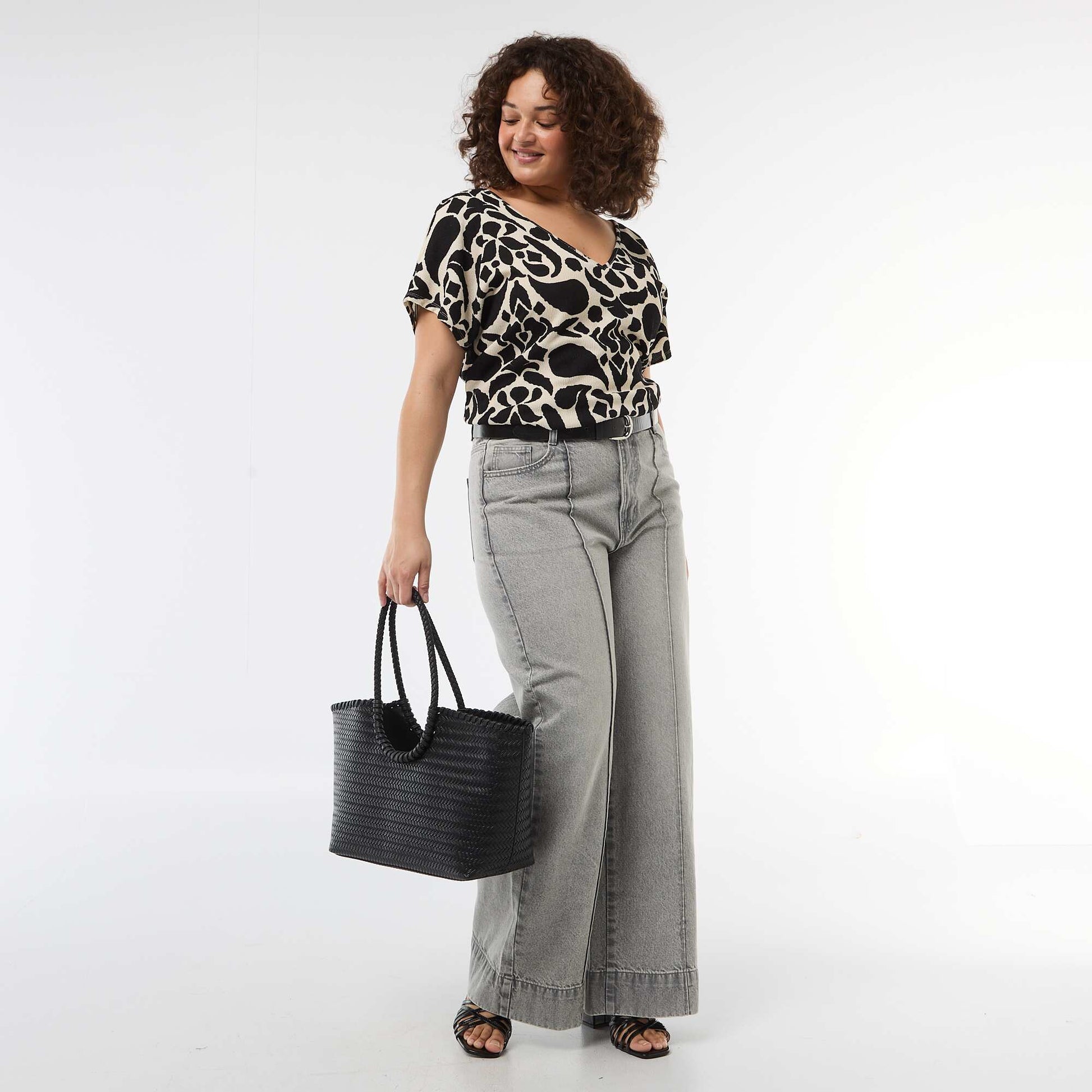 Blouse en matière gaufrée à manches courtes NOIR