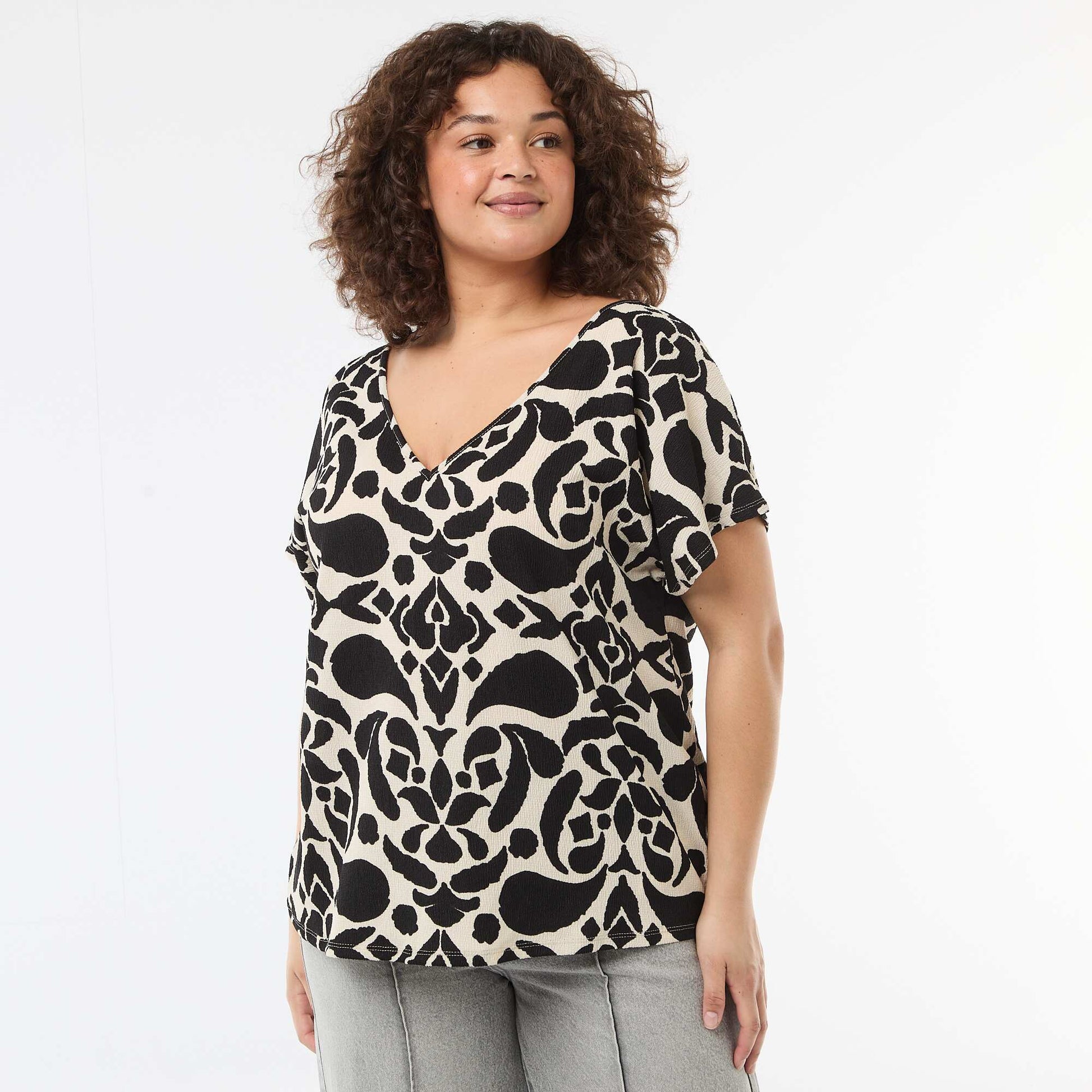 Blouse en matière gaufrée à manches courtes NOIR
