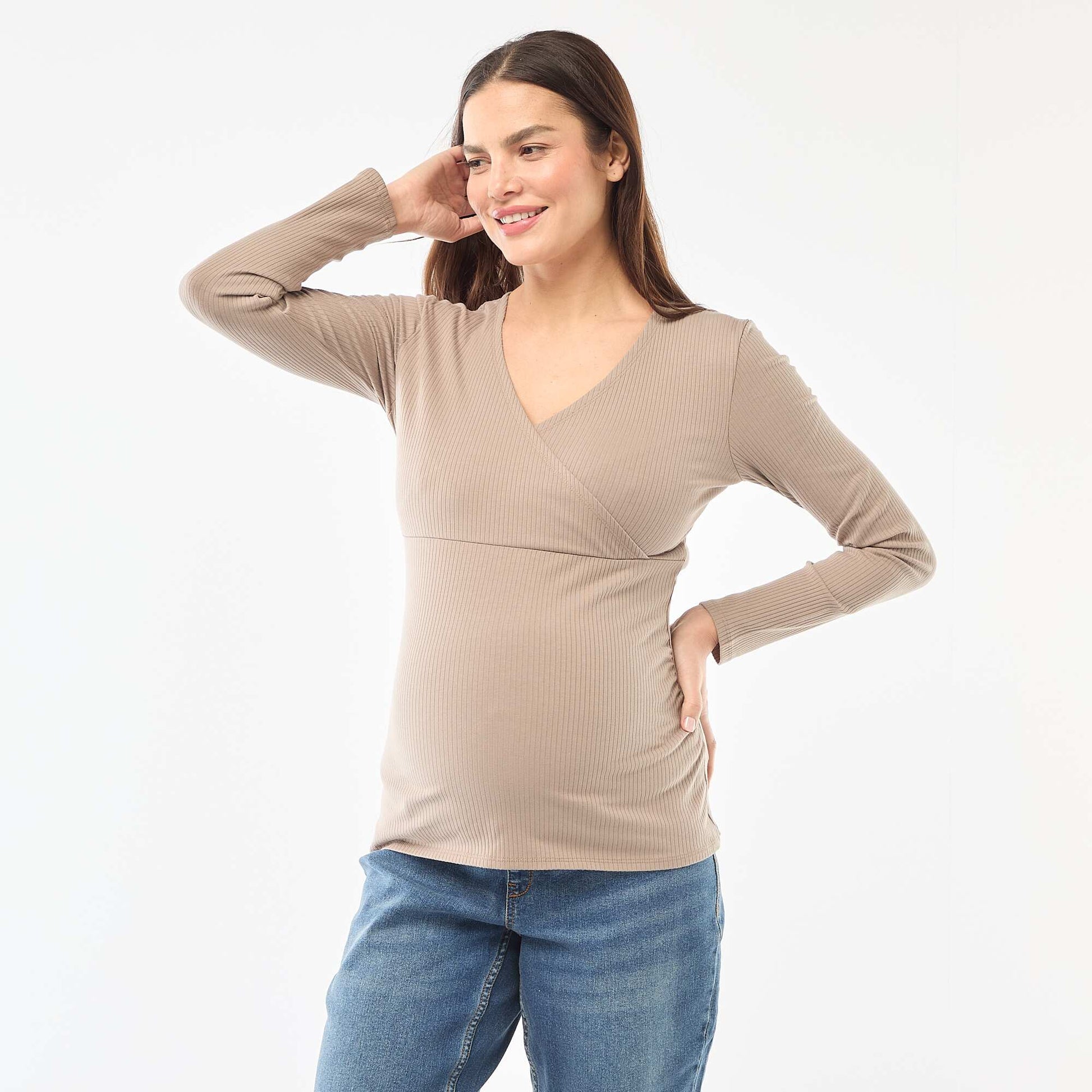 Tee-shirt d'allaitement côtelé BEIGE