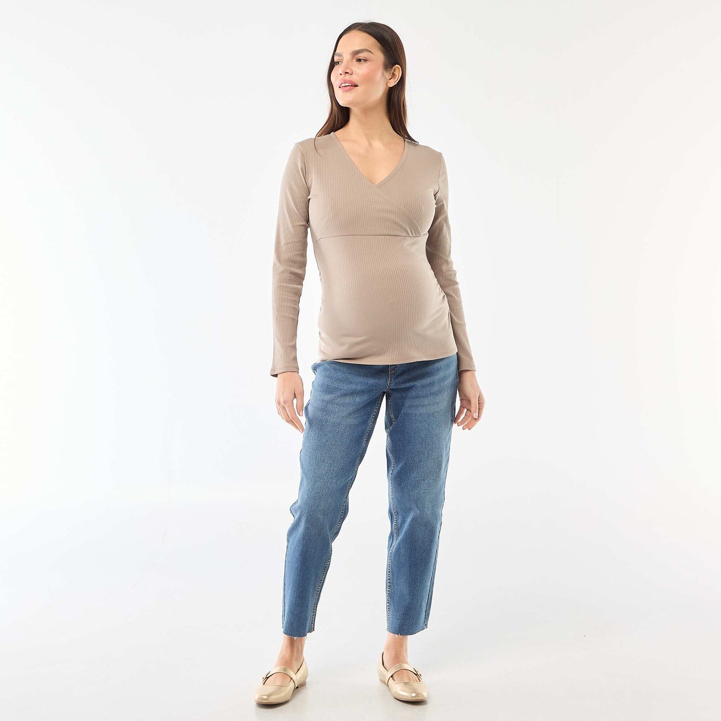 Tee-shirt d'allaitement côtelé BEIGE