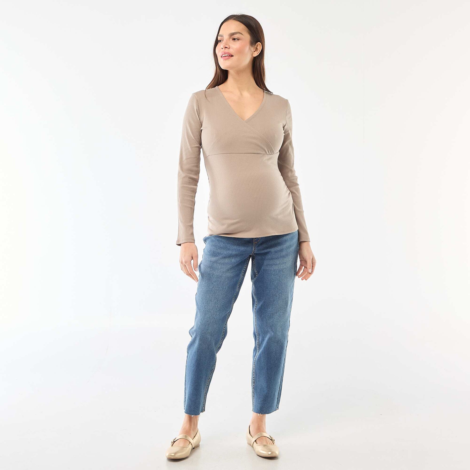 Tee-shirt d'allaitement côtelé BEIGE