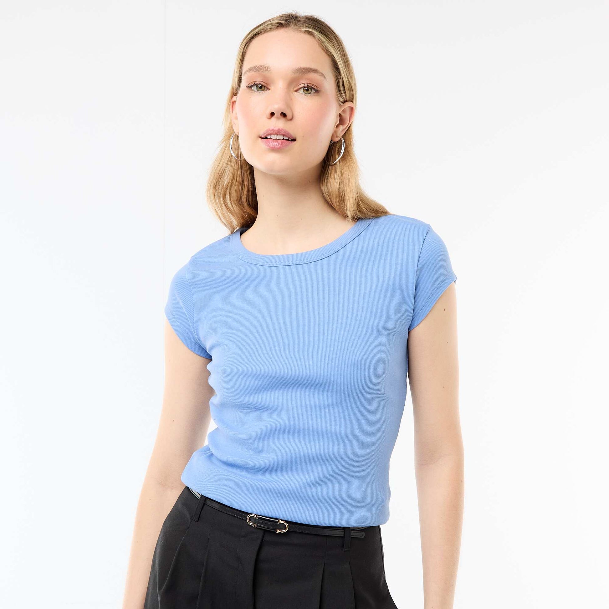 T-shirt en jersey manches courtes côtelé BLEU