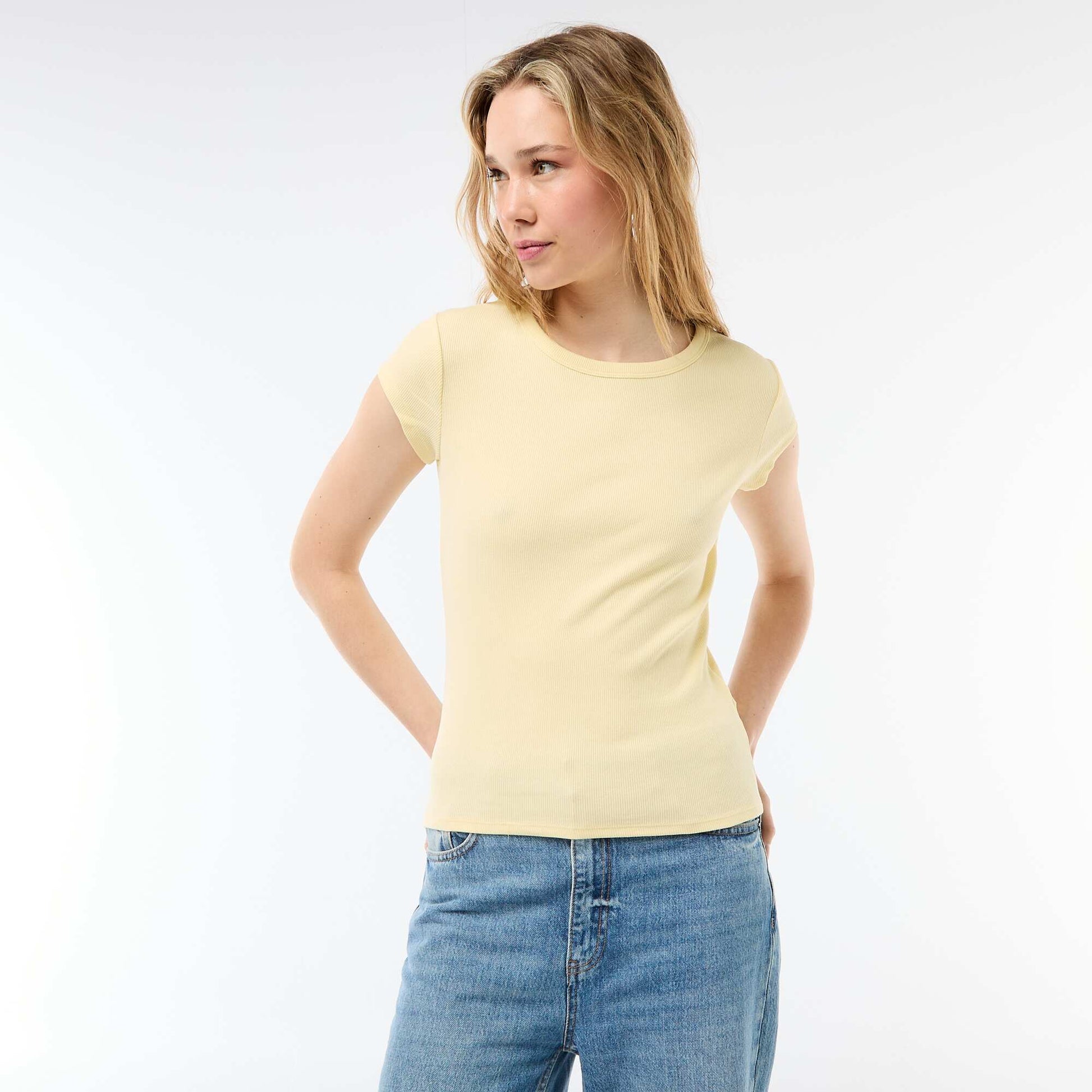 T-shirt en jersey manches courtes côtelé JAUNE