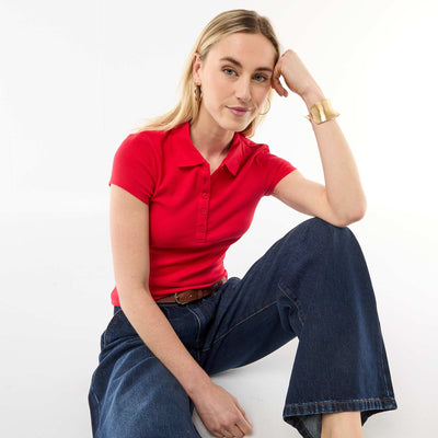 Polo en maille côtelé à manches courtes ROUGE