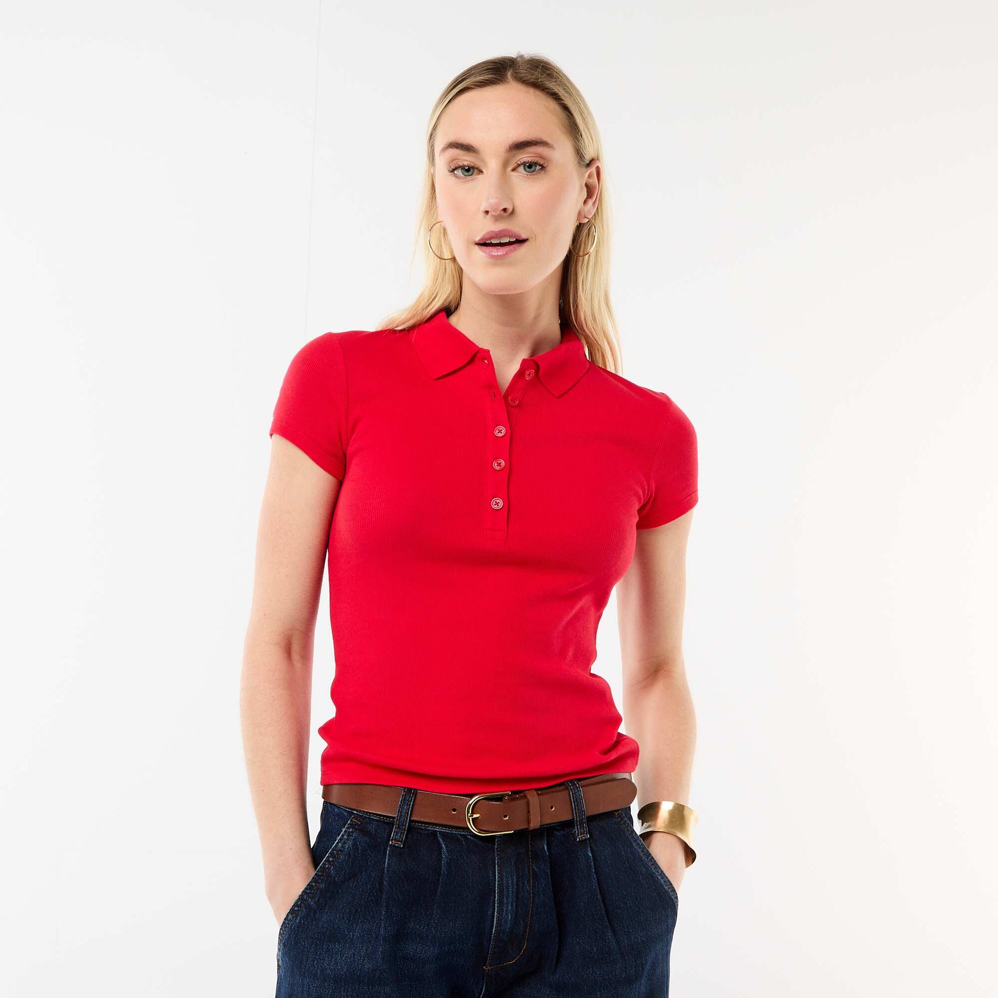 Polo en maille côtelé à manches courtes ROUGE