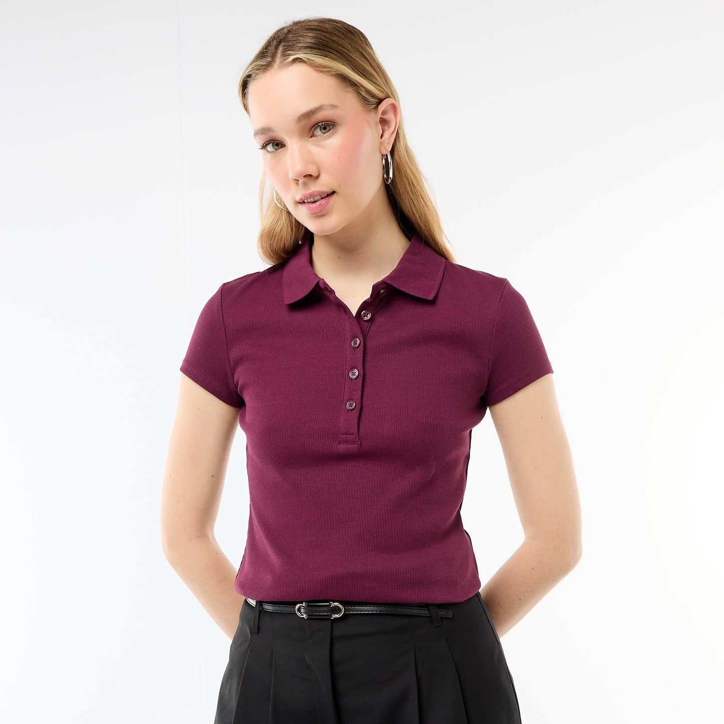 Polo en maille côtelé à manches courtes ROSE