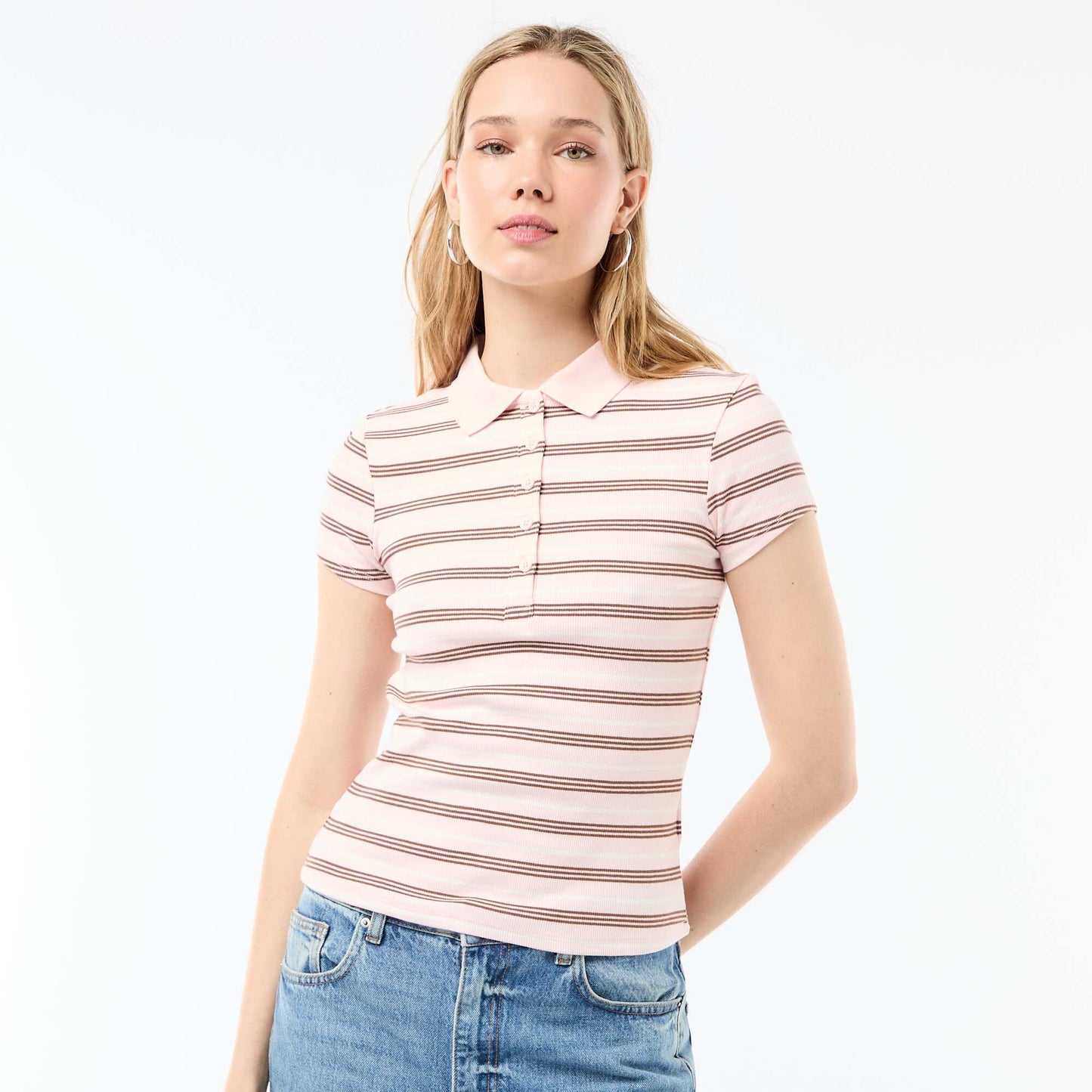 Polo en maille côtelé à manches courtes ROSE