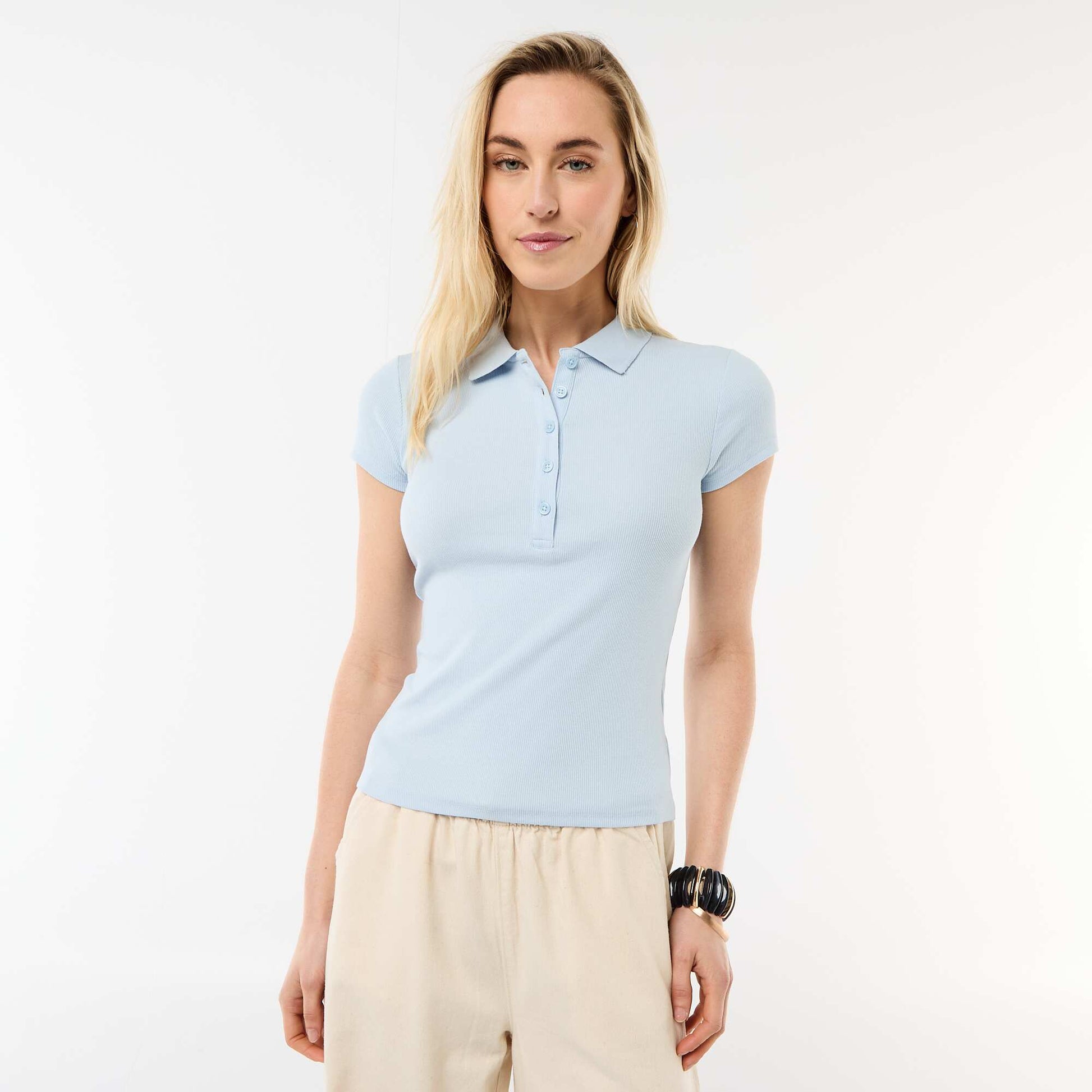 Polo en maille côtelé à manches courtes BLEU