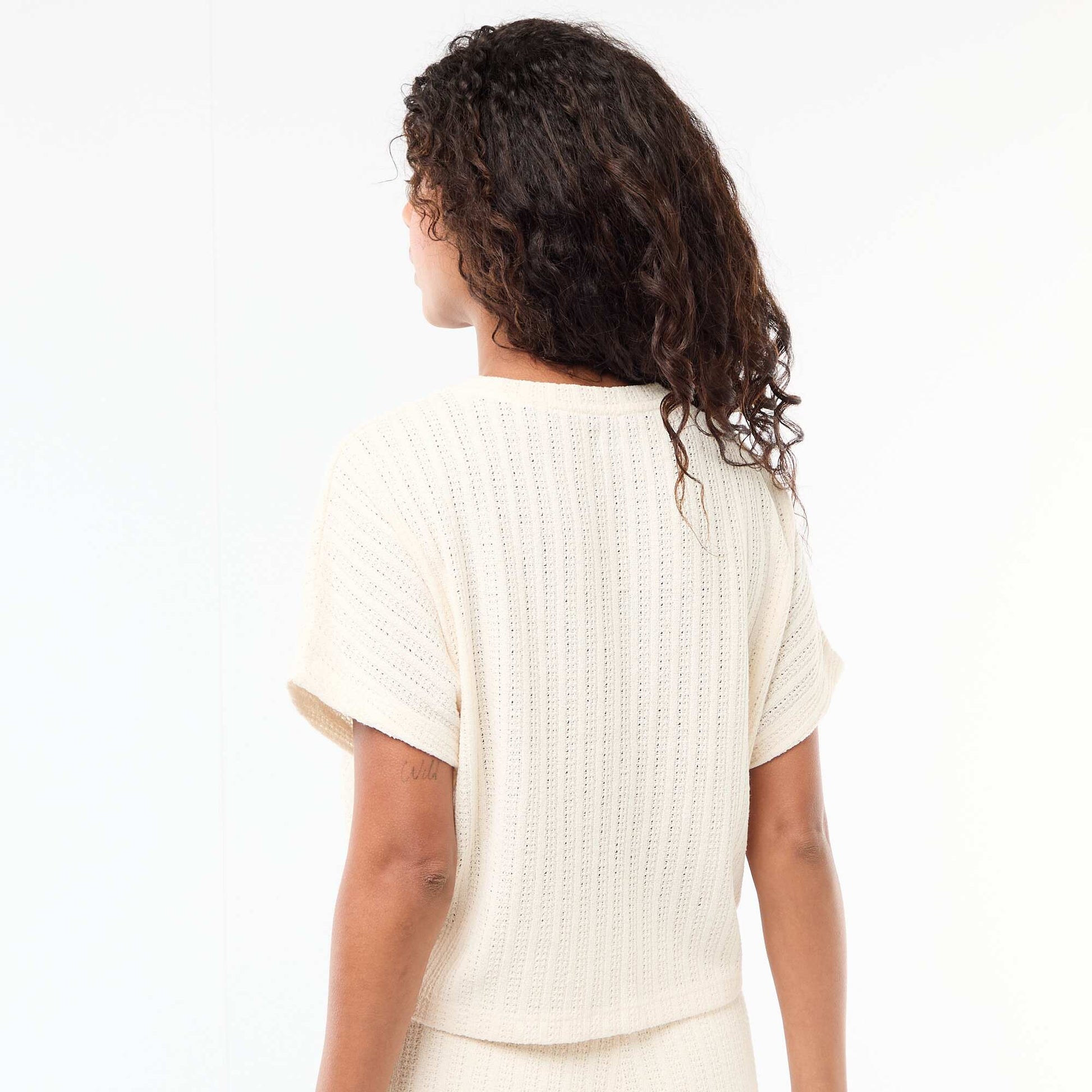 Pull en maille ajourée à manches courtes BLANC
