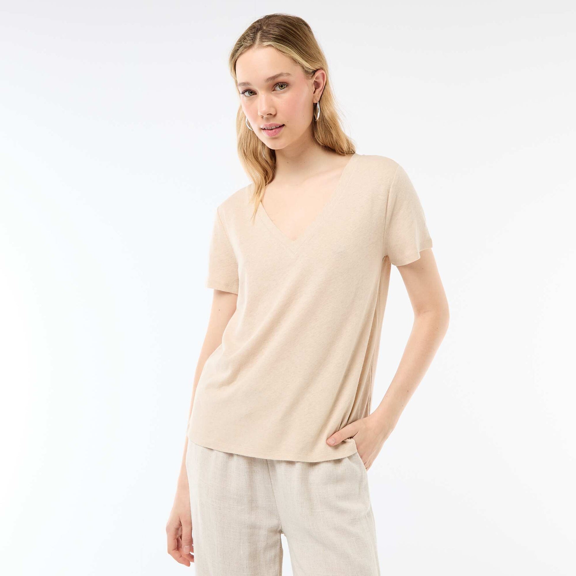 T-shirt basique à manches courtes col V BLANC
