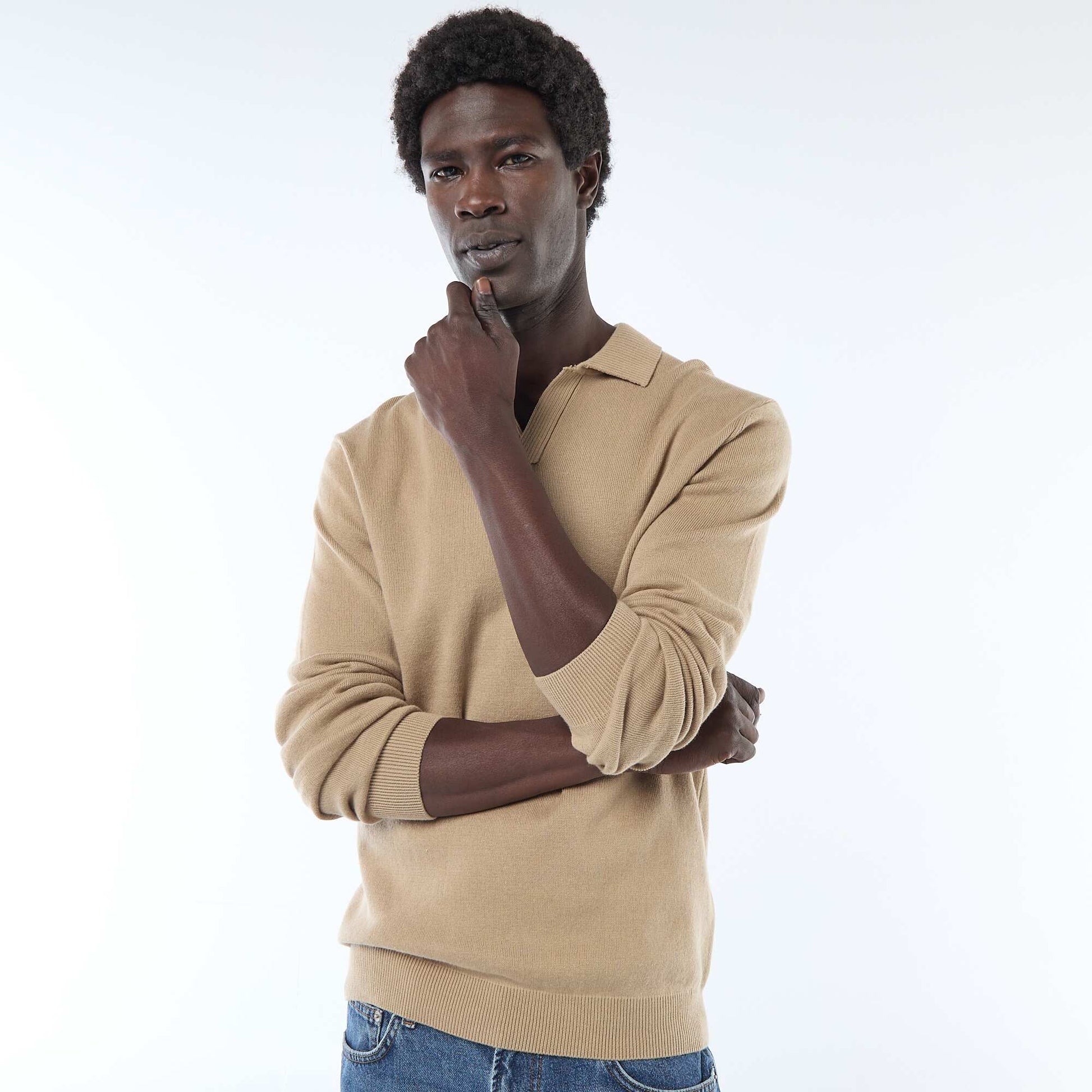 Pull col polo en maille BEIGE