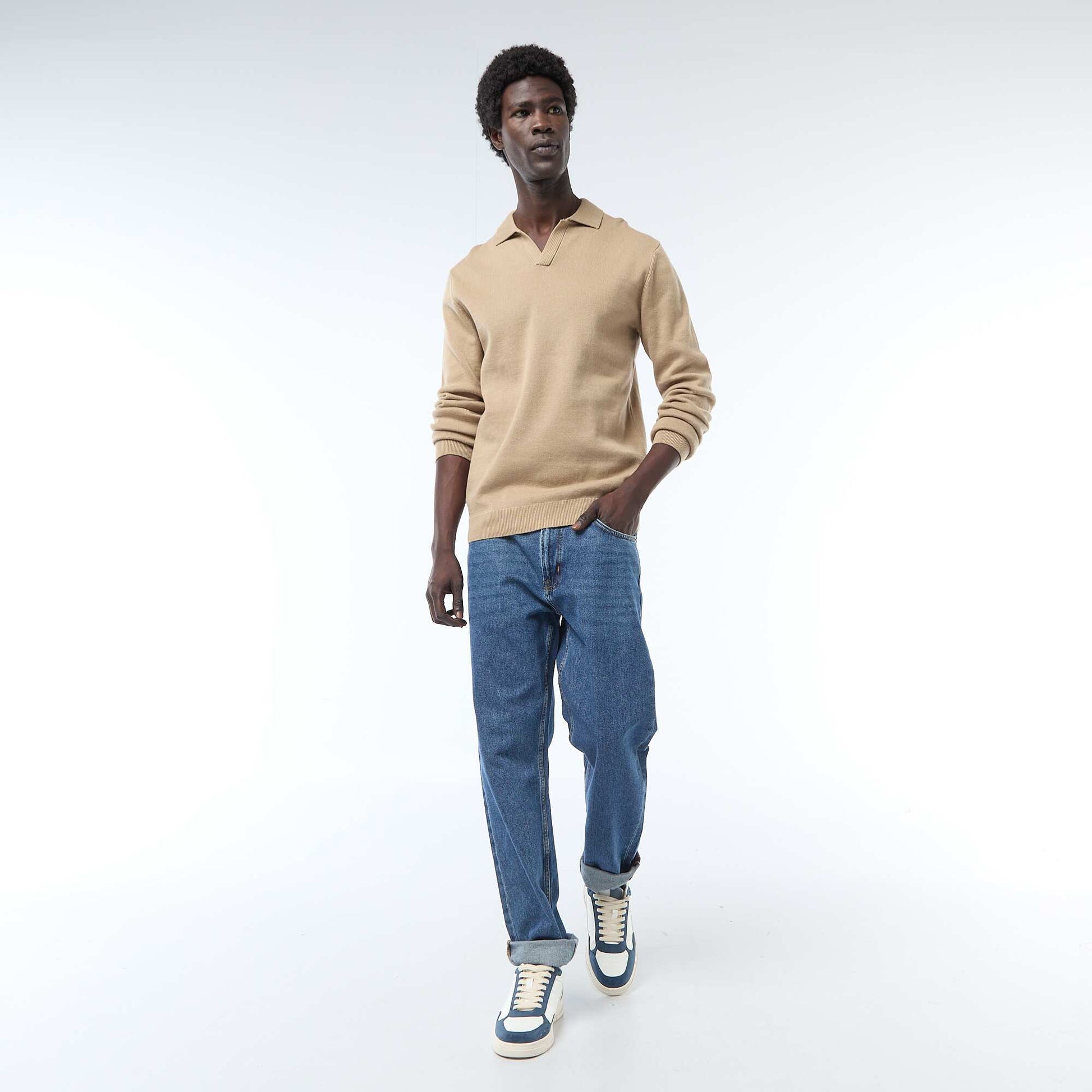 Pull col polo en maille BEIGE