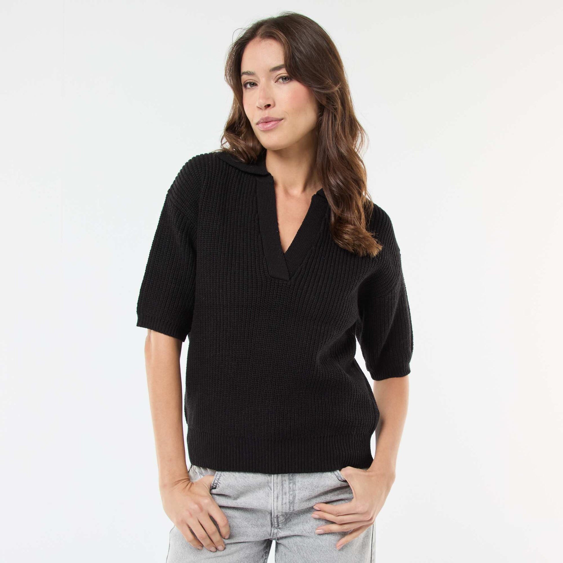 Pull esprit polo avec encolure V NOIR