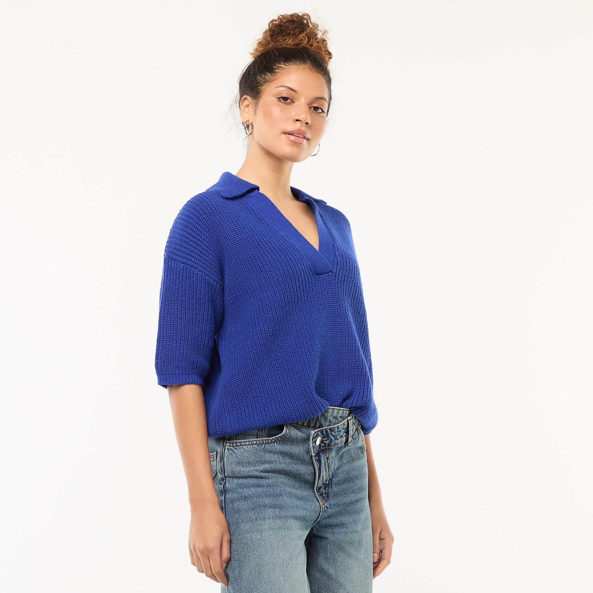 Pull esprit polo avec encolure V BLEU