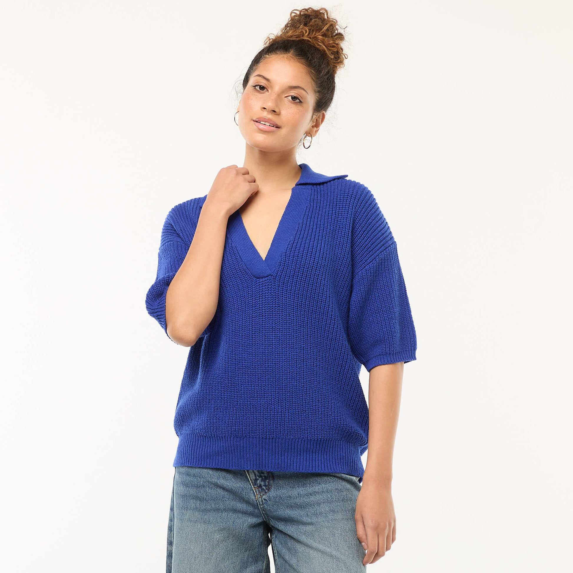 Pull esprit polo avec encolure V BLEU
