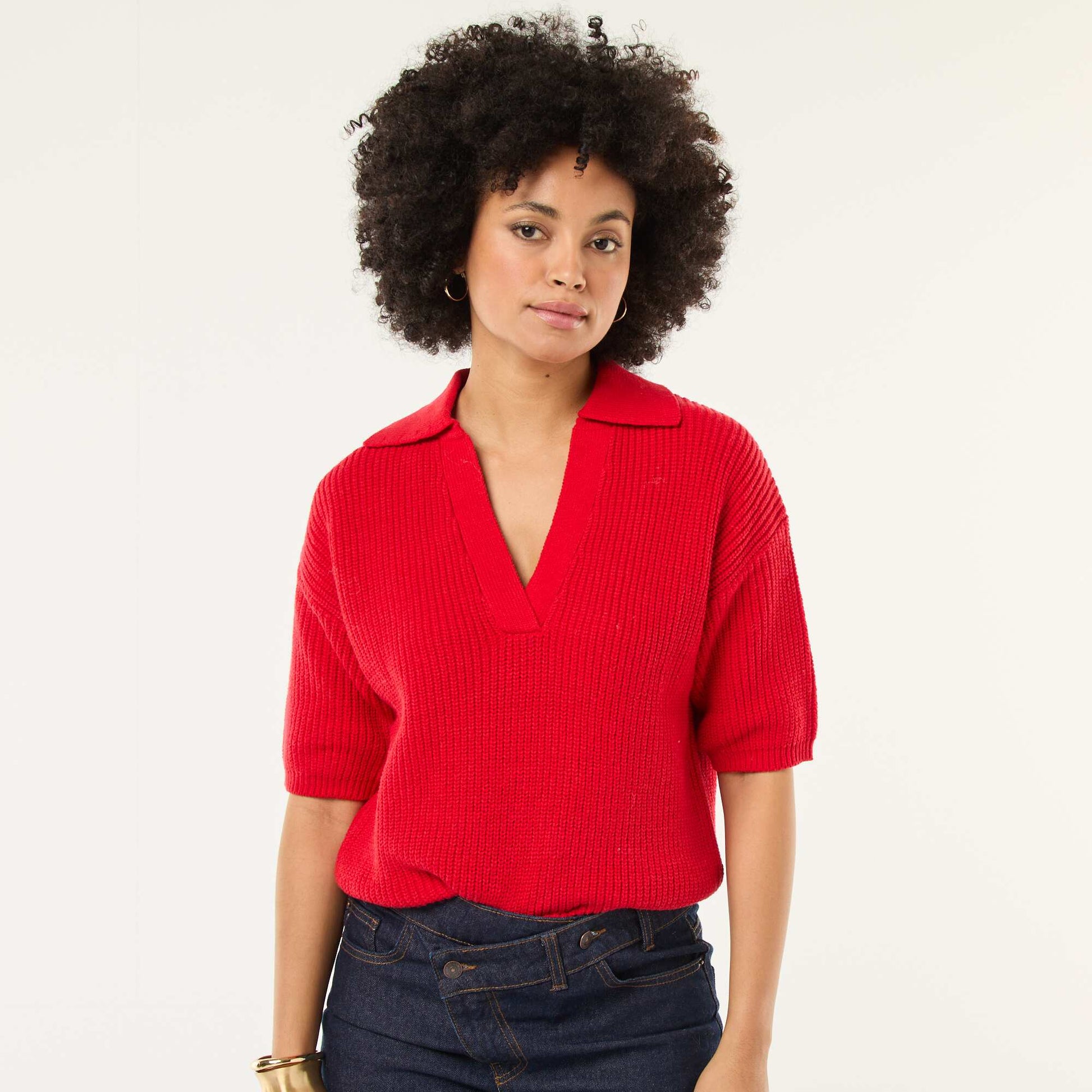 Pull esprit polo avec encolure V ROUGE