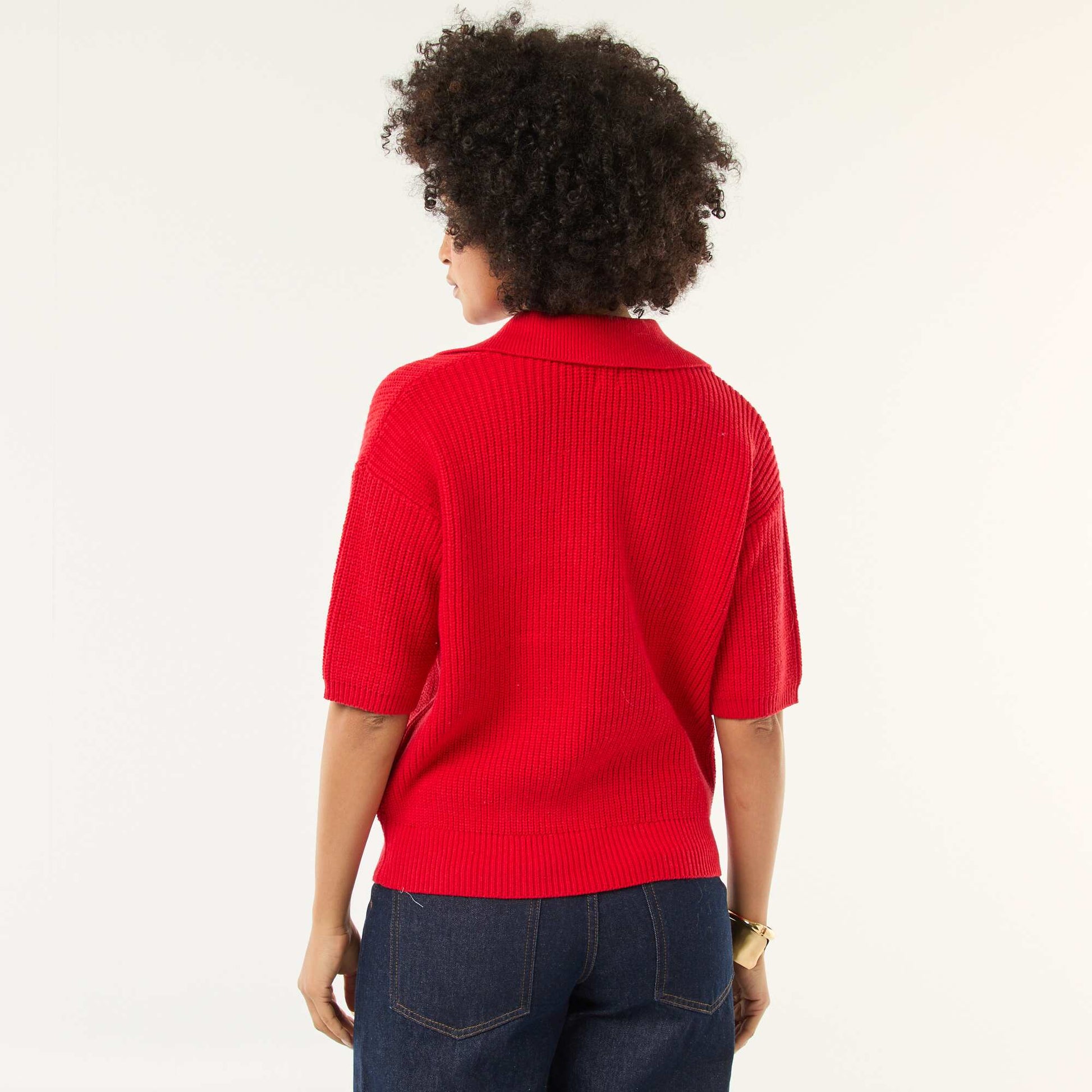 Pull esprit polo avec encolure V ROUGE