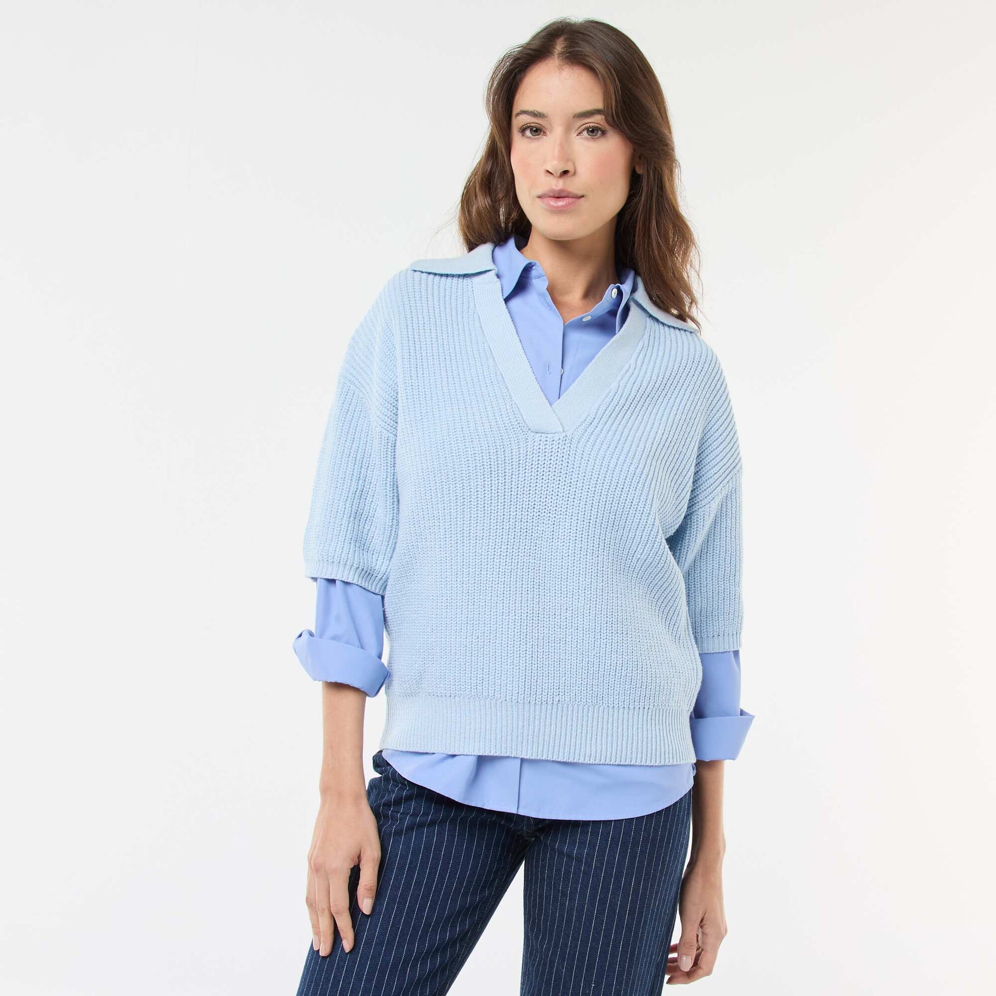 Pull esprit polo avec encolure V BLEU