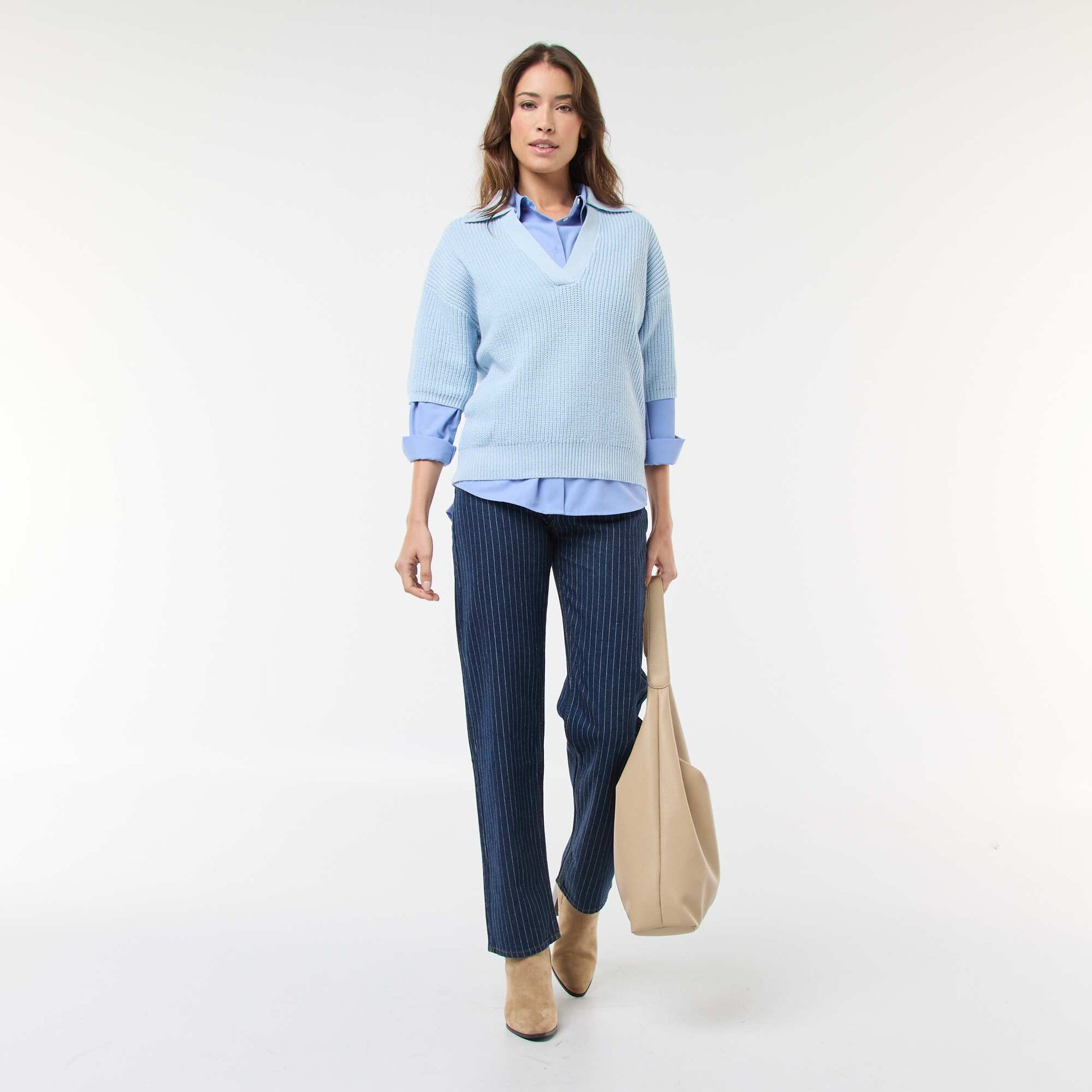 Pull esprit polo avec encolure V BLEU