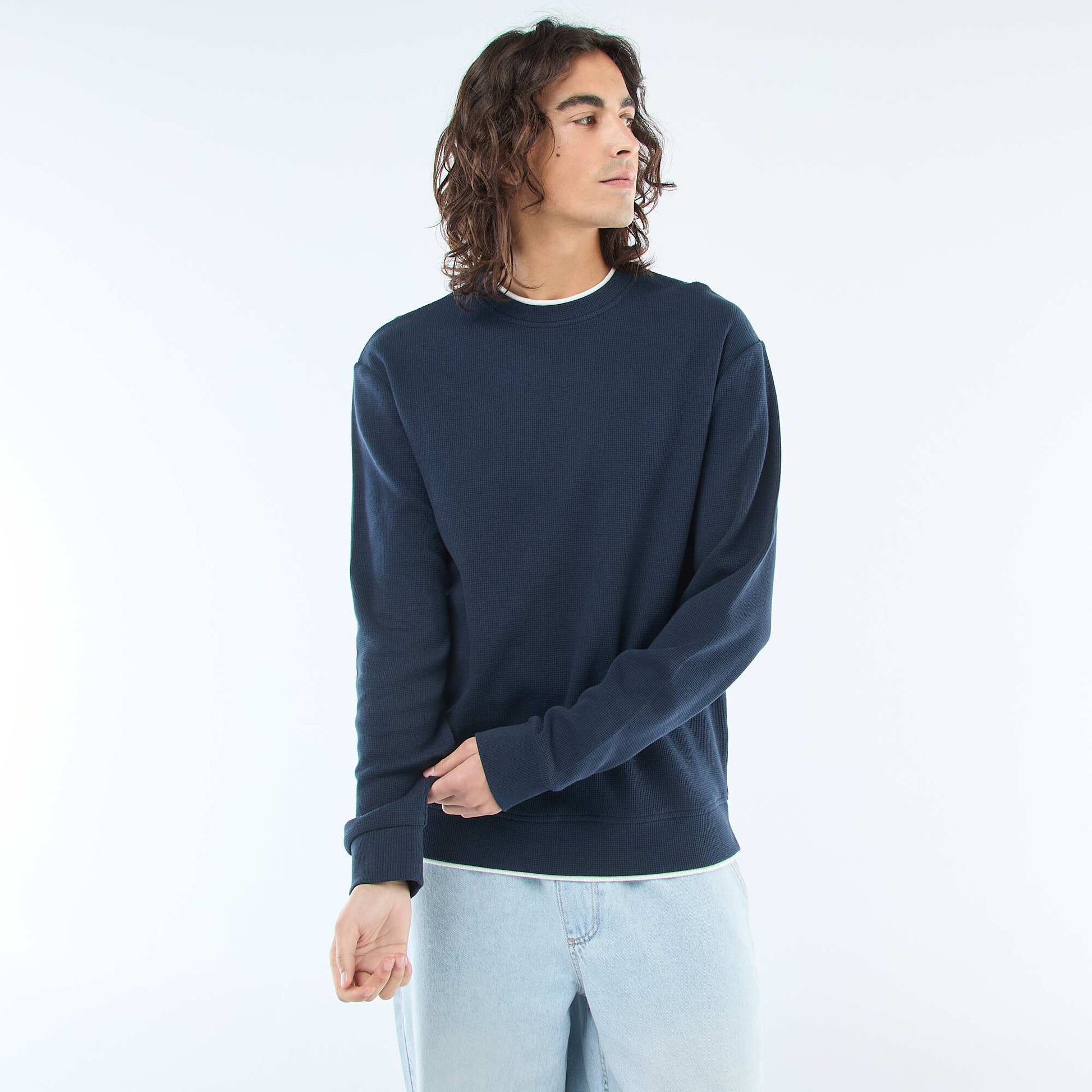Pull col rond nid d'abeille BLEU