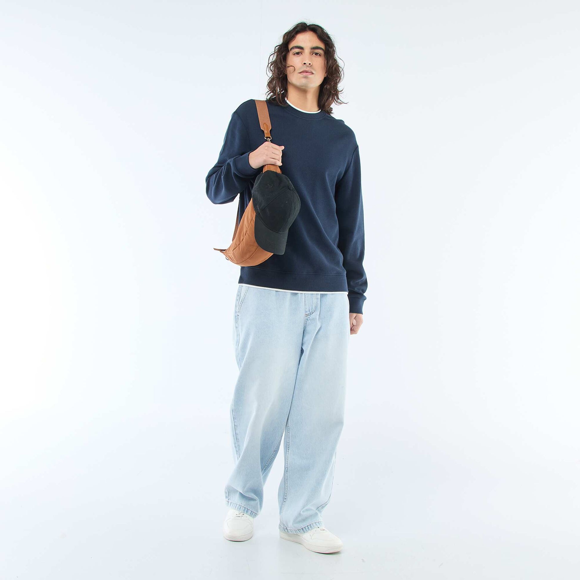 Pull col rond nid d'abeille BLEU