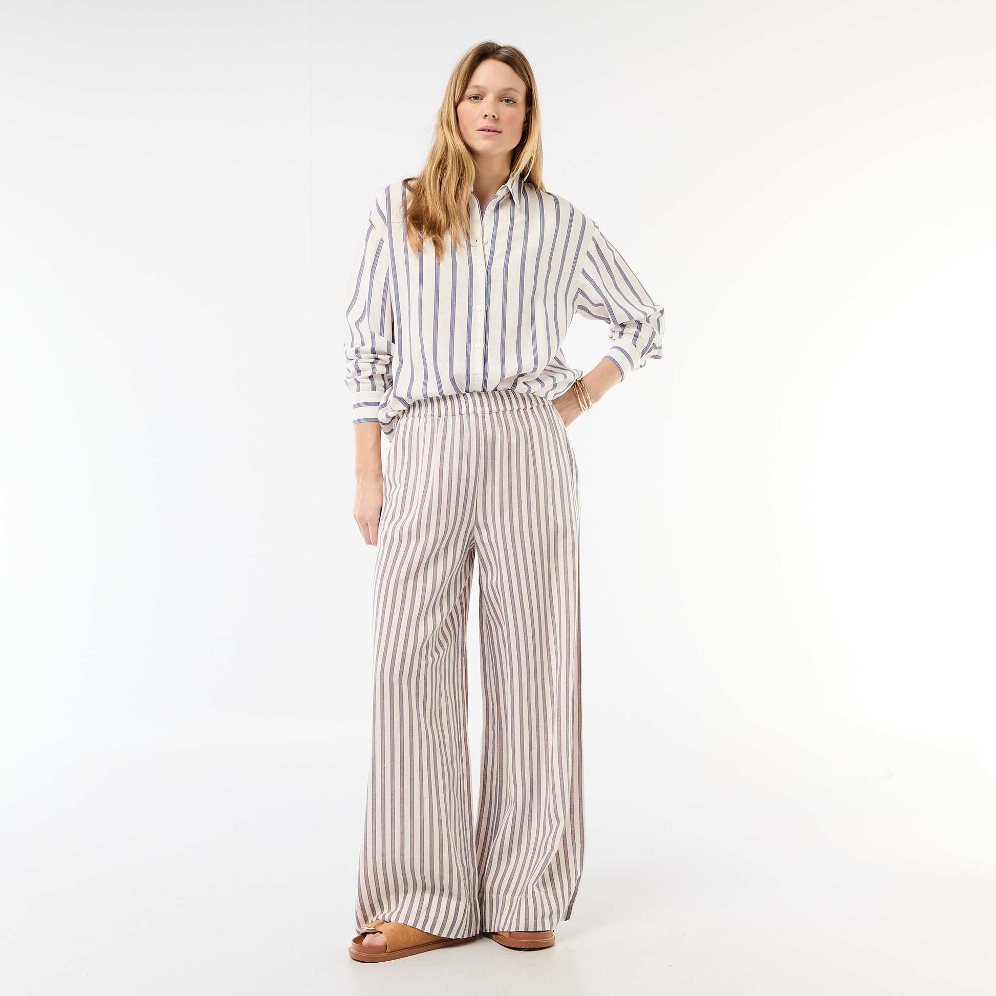 Pantalon palazzo en lin mélangé BEIGE
