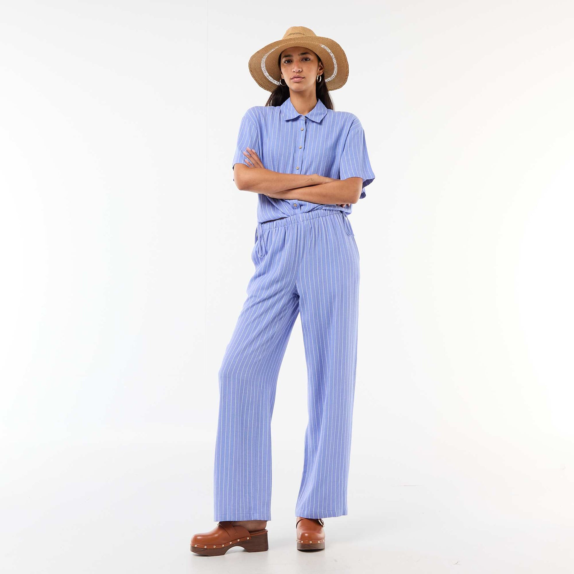 Pantalon large en lin mélangé BLEU