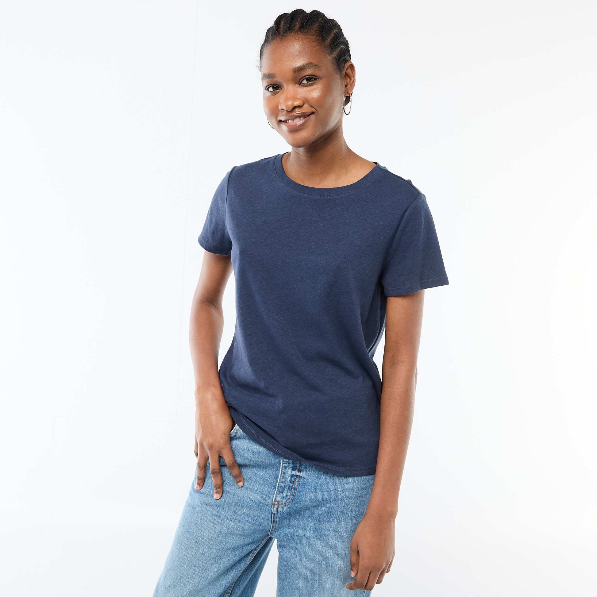 Tee-shirt uni à manches courtes et col rond BLEU