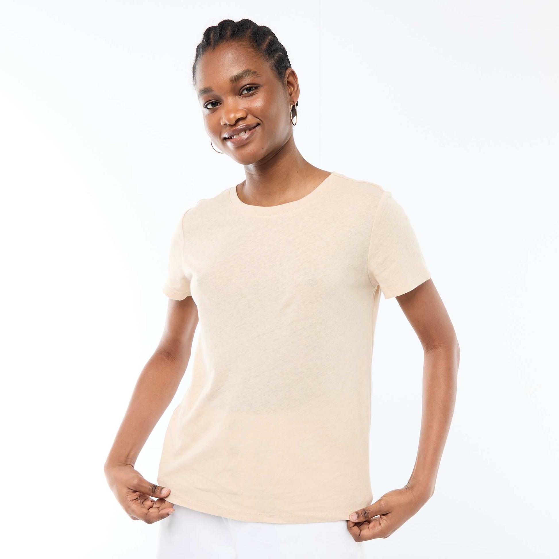 Tee-shirt uni à manches courtes et col rond BLANC