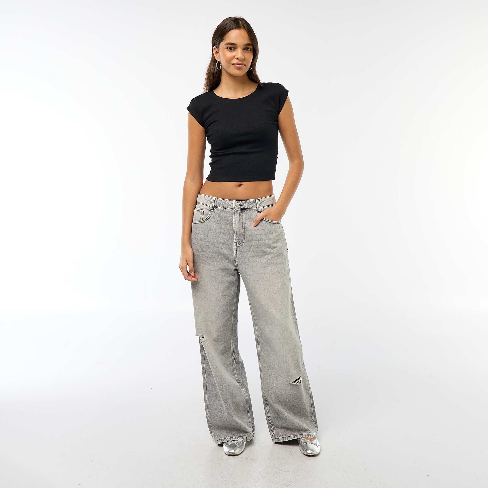 Pantalon baggy taille basse à 5 poches GRIS