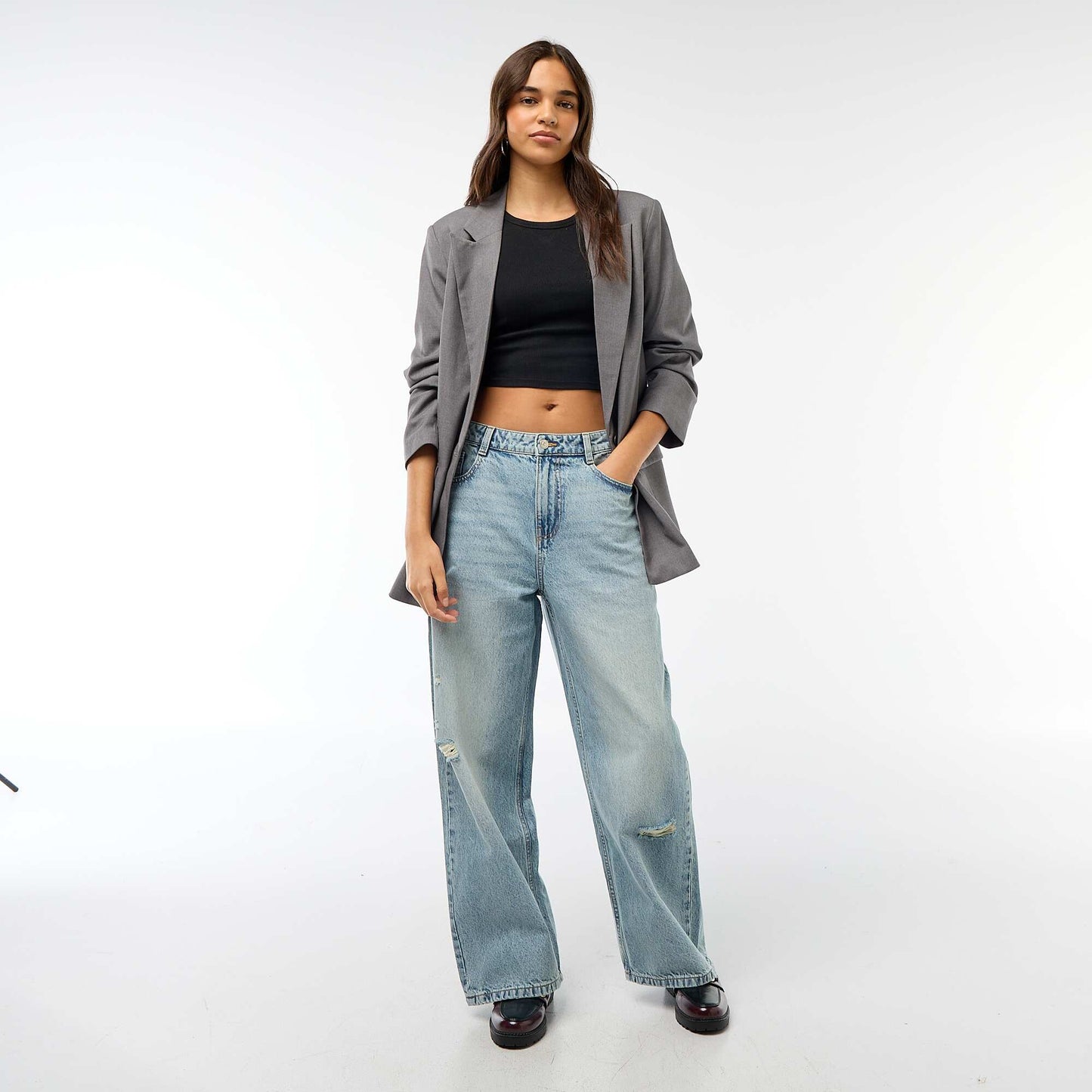 Pantalon baggy taille basse à 5 poches BLEU
