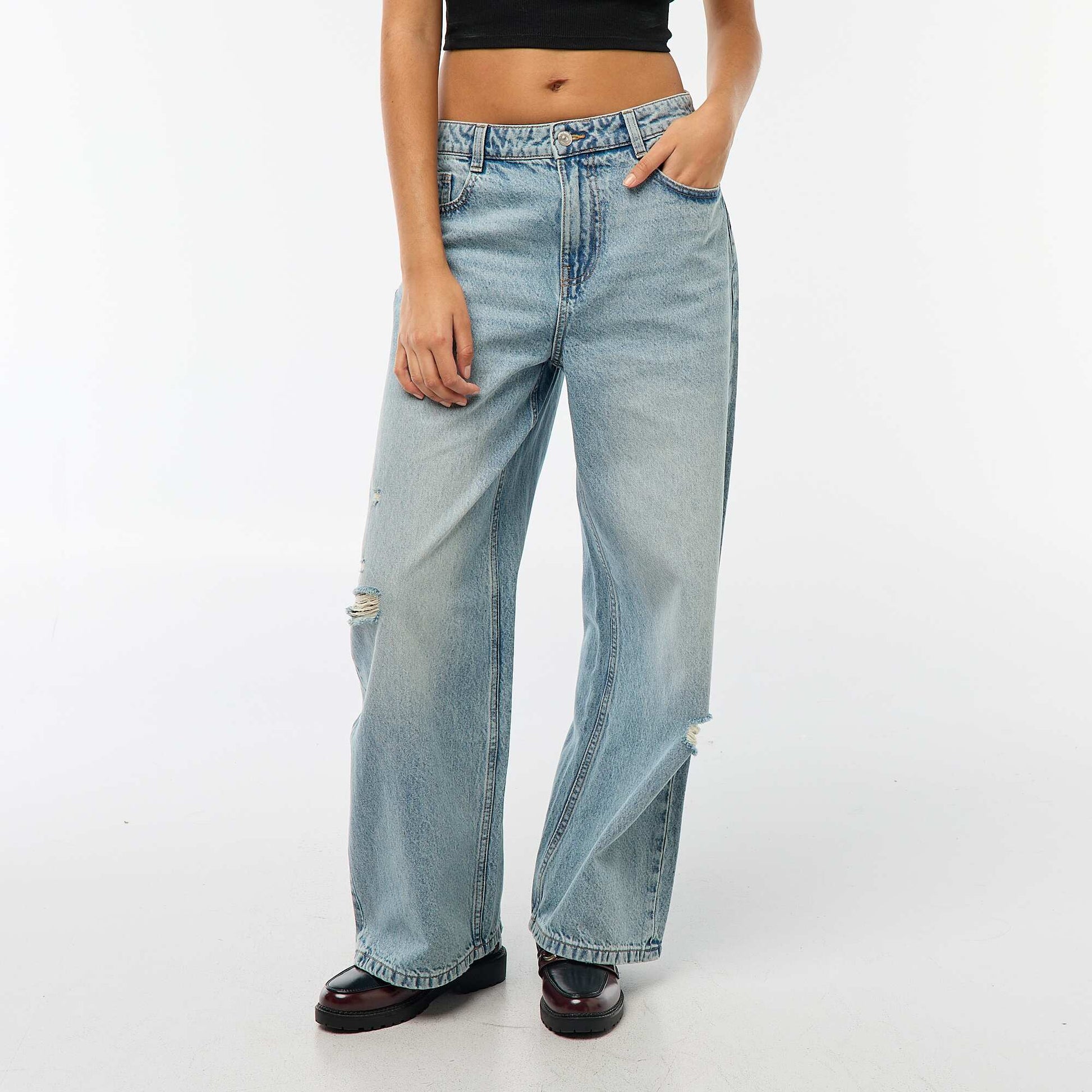 Pantalon baggy taille basse à 5 poches BLEU
