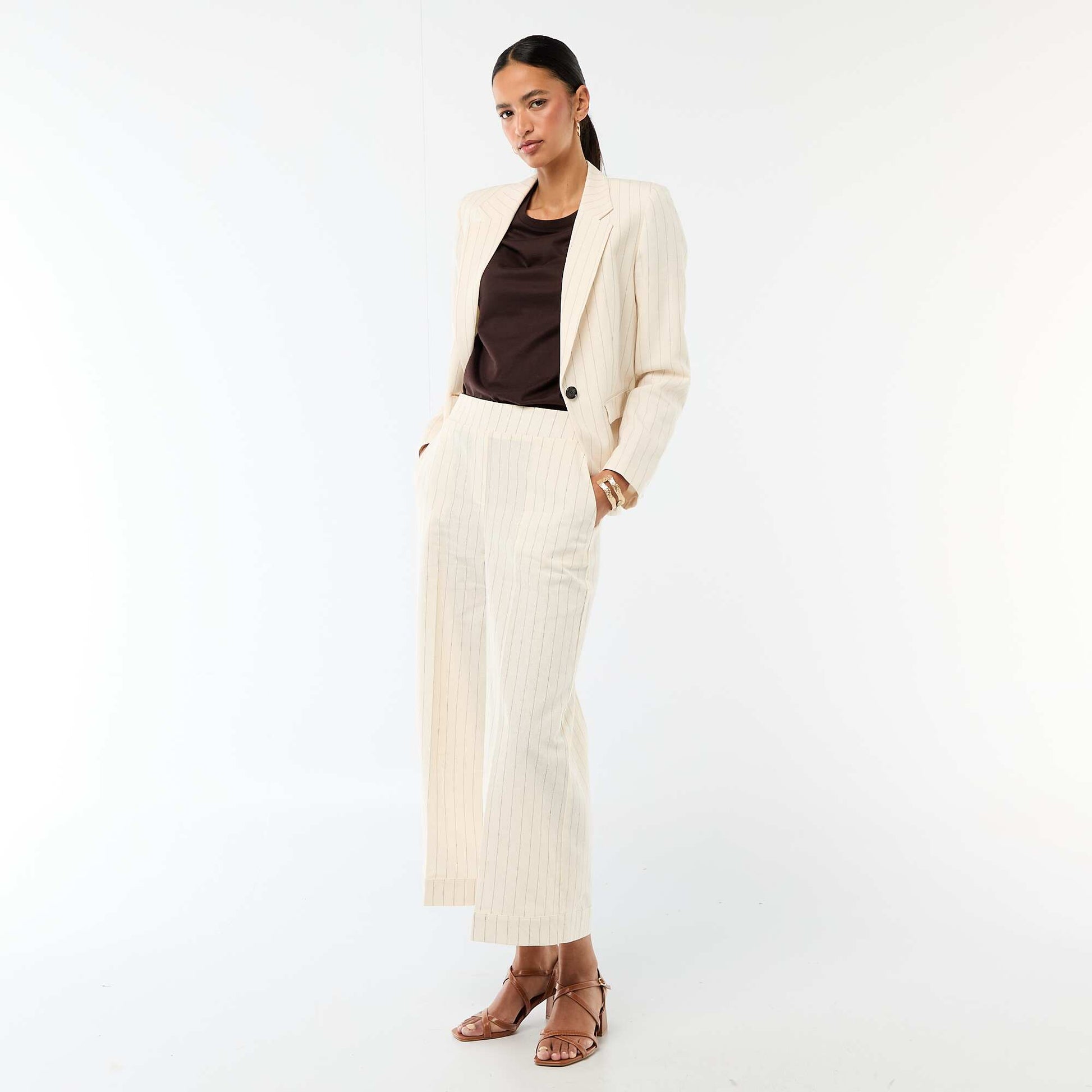 Pantalon culotte large en lin mélangé BEIGE