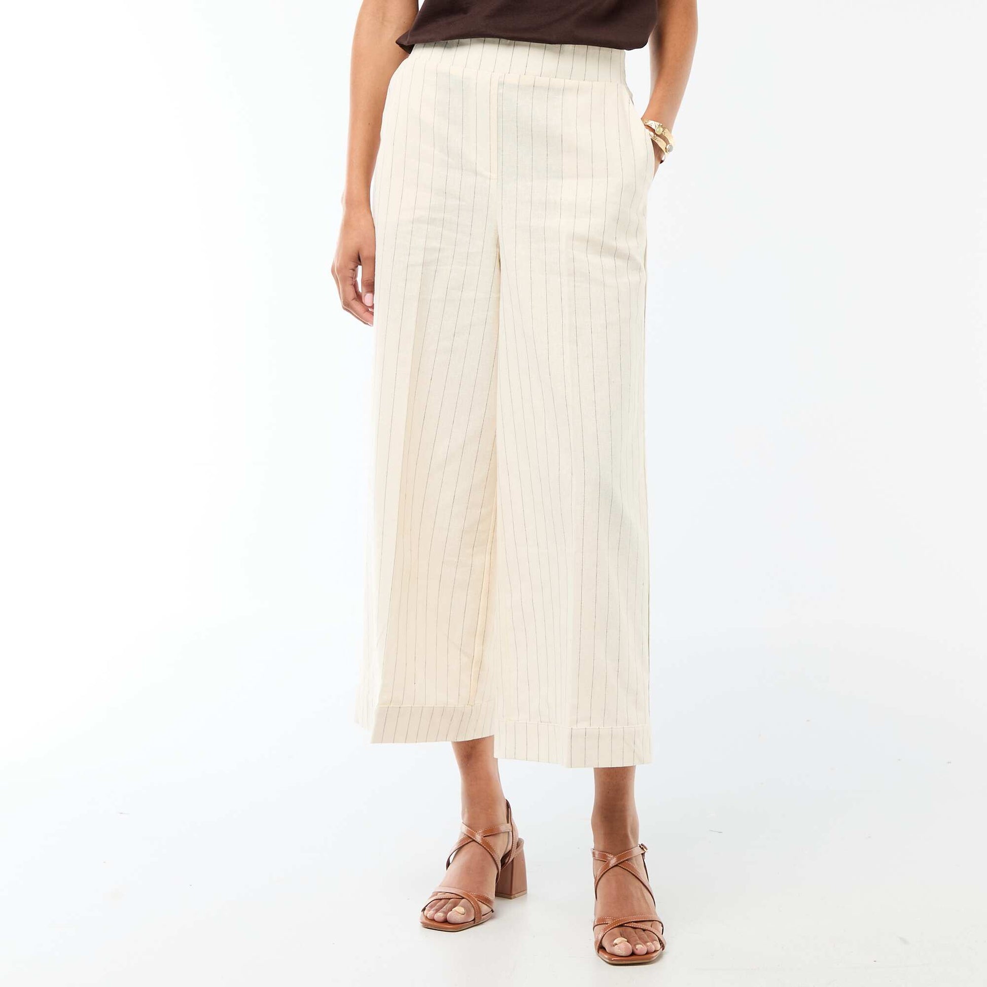 Pantalon culotte large en lin mélangé BEIGE