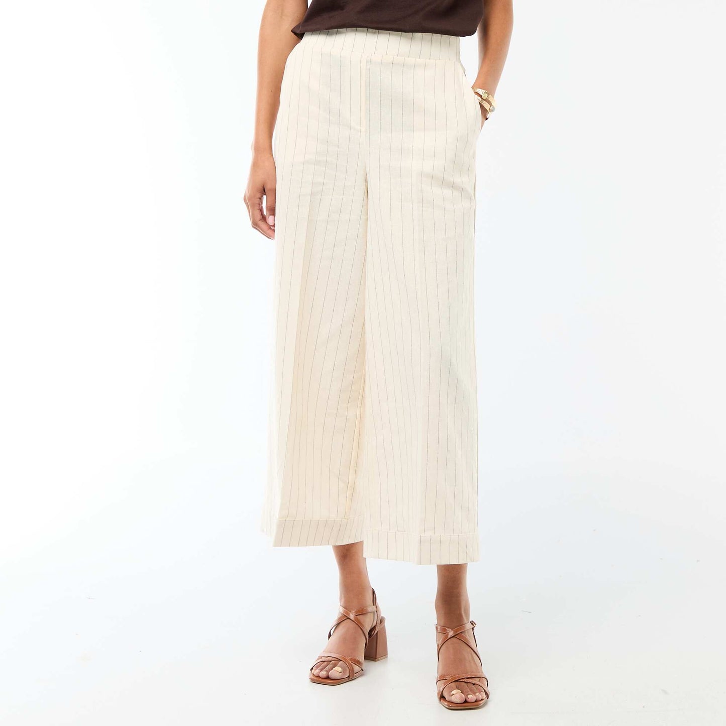 Pantalon culotte large en lin mélangé BEIGE