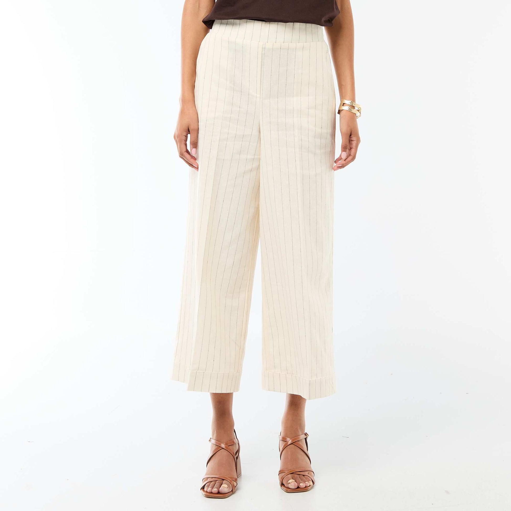 Pantalon culotte large en lin mélangé BEIGE
