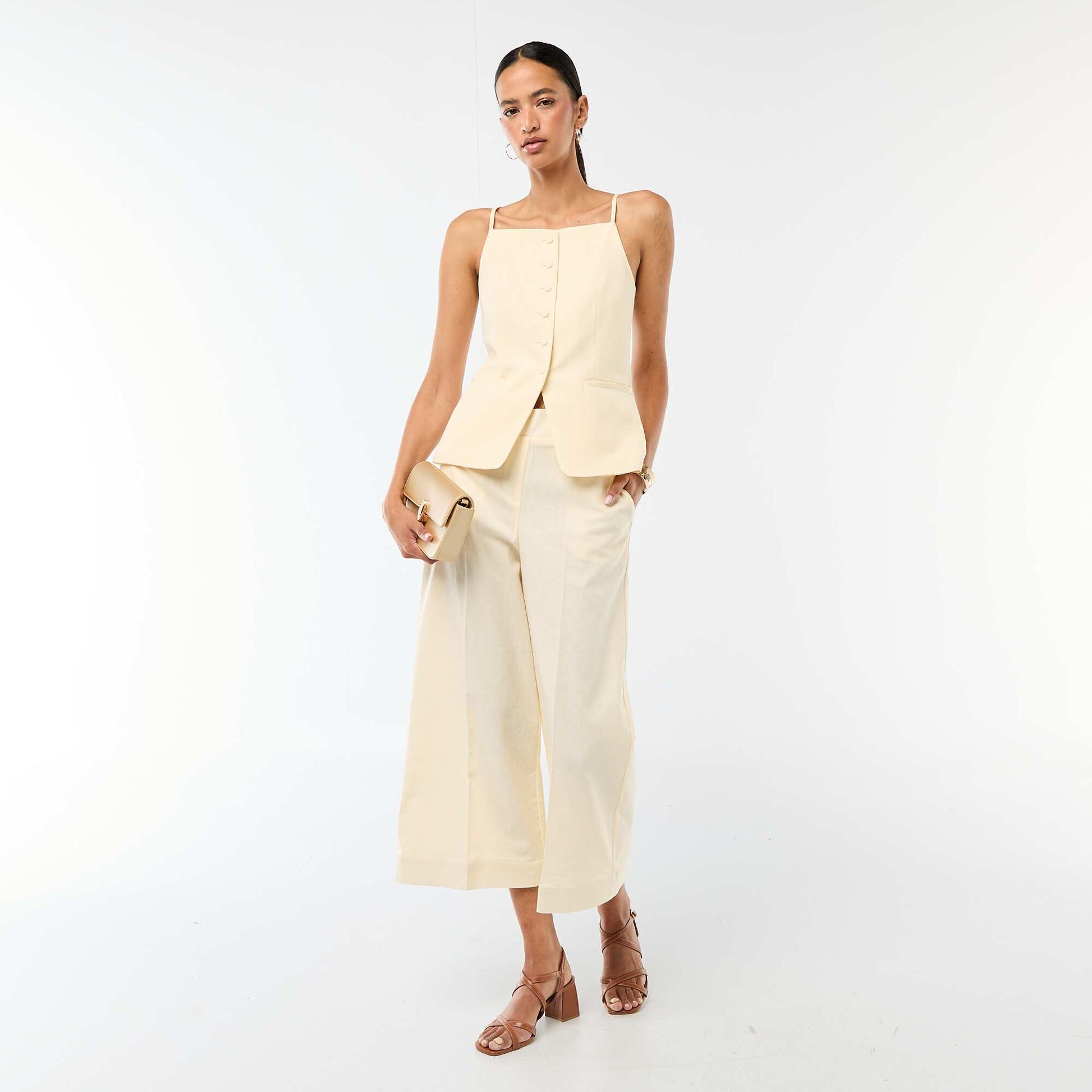 Pantalon culotte large en lin mélangé BEIGE