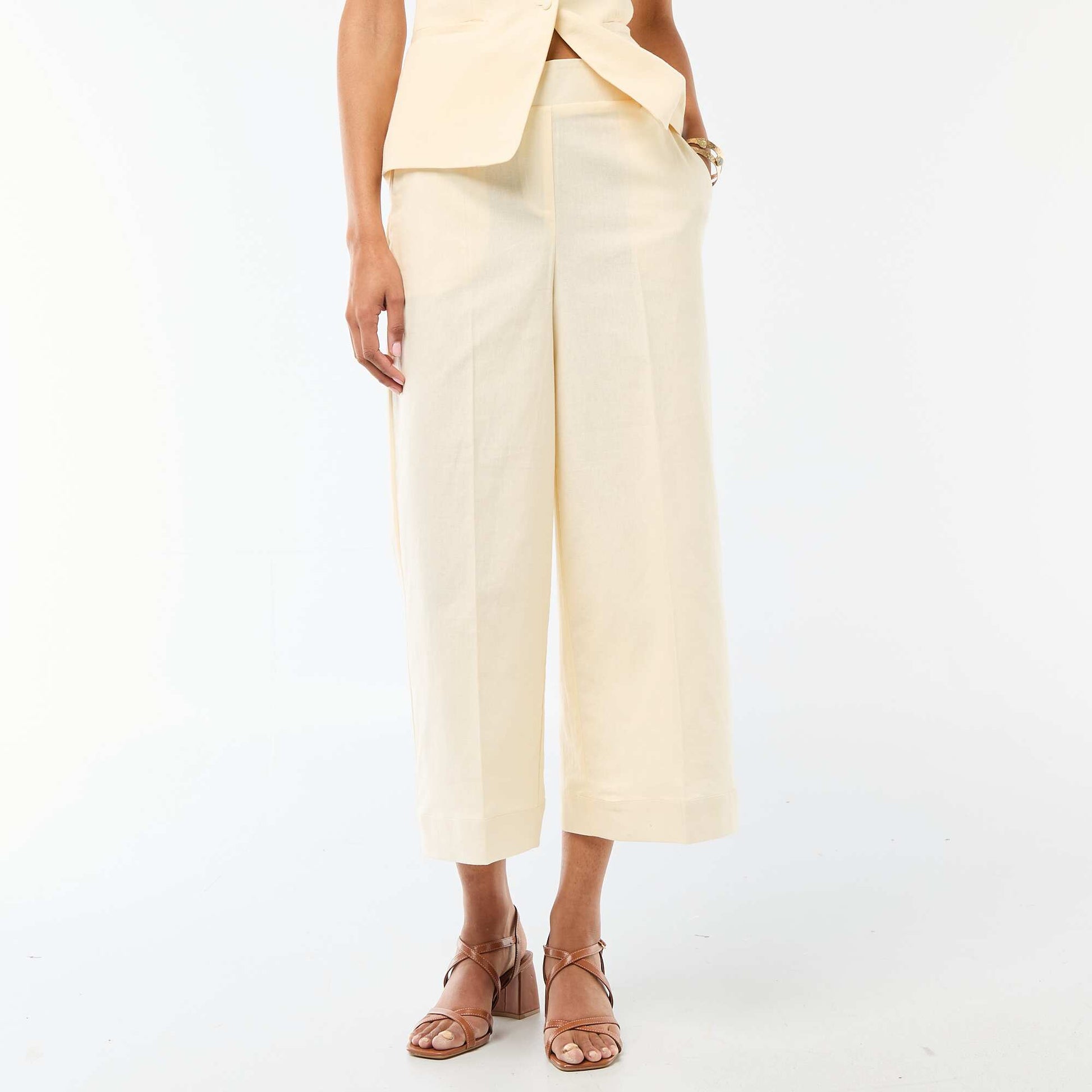 Pantalon culotte large en lin mélangé BEIGE