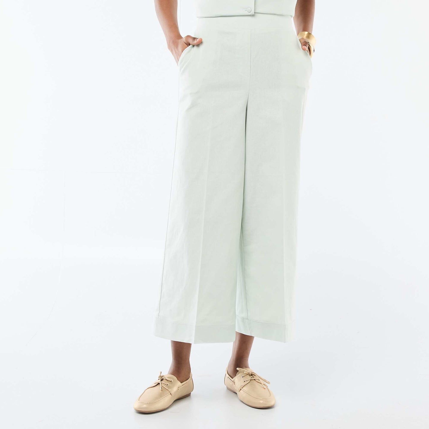 Pantalon culotte large en lin mélangé BLEU
