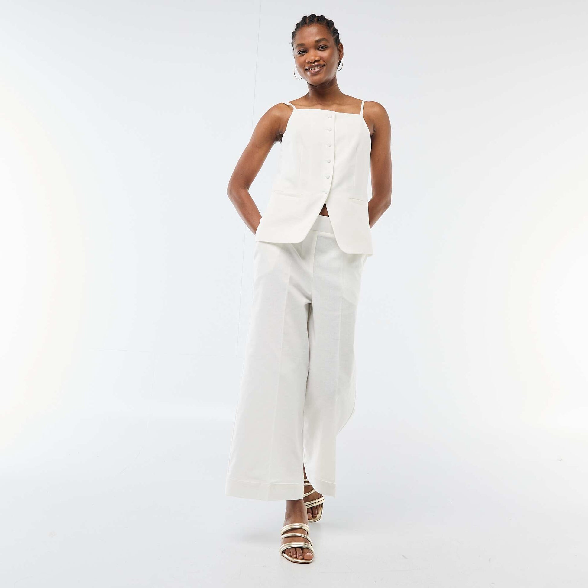 Pantalon culotte large en lin mélangé BLANC