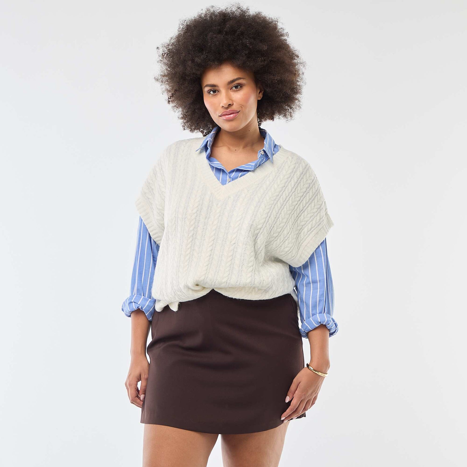 Pull sans manches en maille torsade grosse jauge BLANC